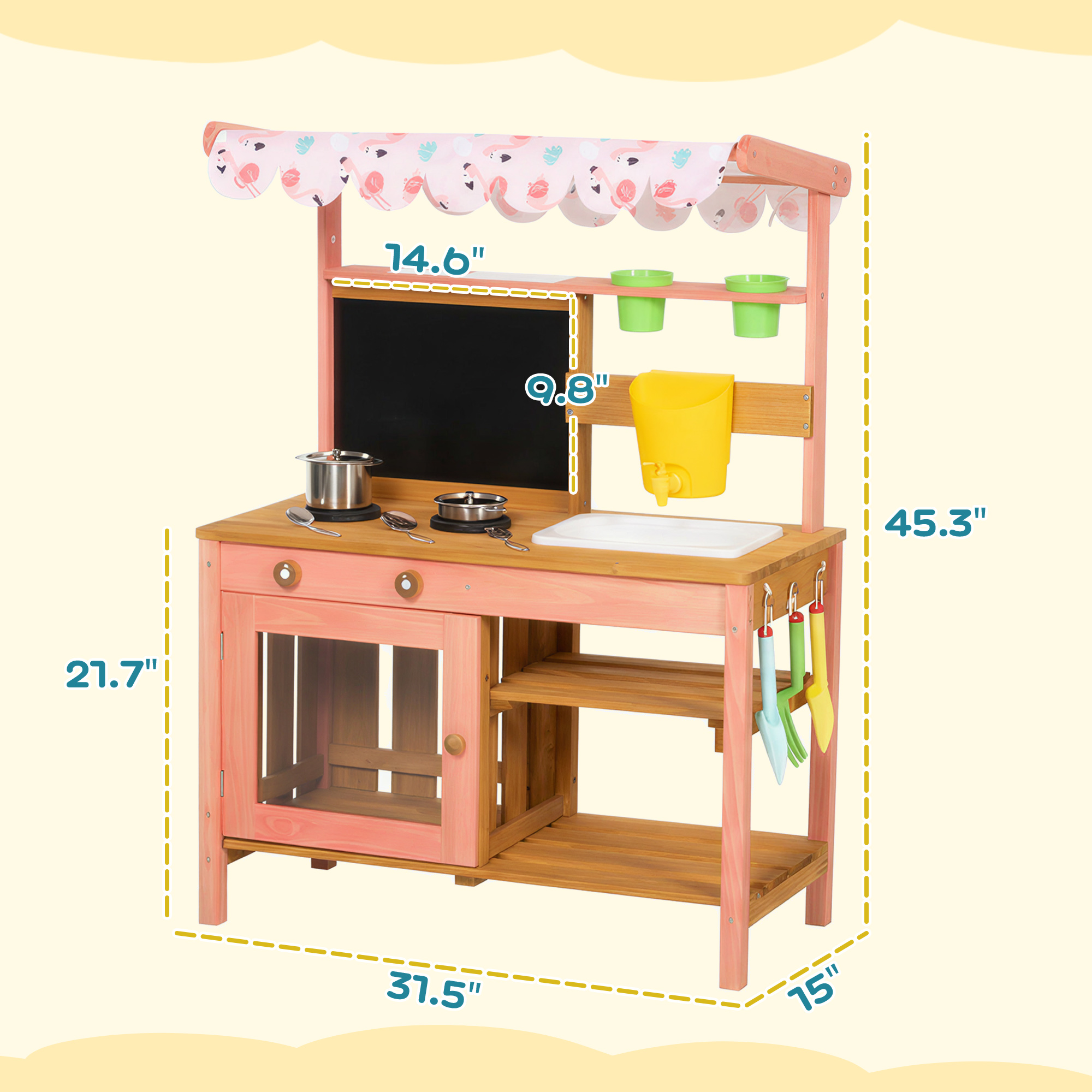 Kids Mud Kitchen with Canopy, Outdoor Wooden Play Kitchen with Planter Box, Accessories for Age 3-6, Pink