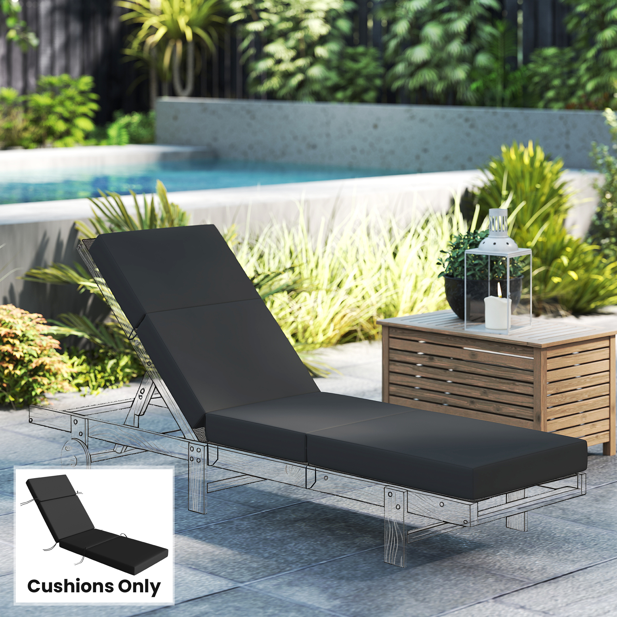  Chaise Lounge Cushion, 4" Thick Outdoor Lounge Chair Cushion with Ties for Patio, 21" x 72 ", Gray