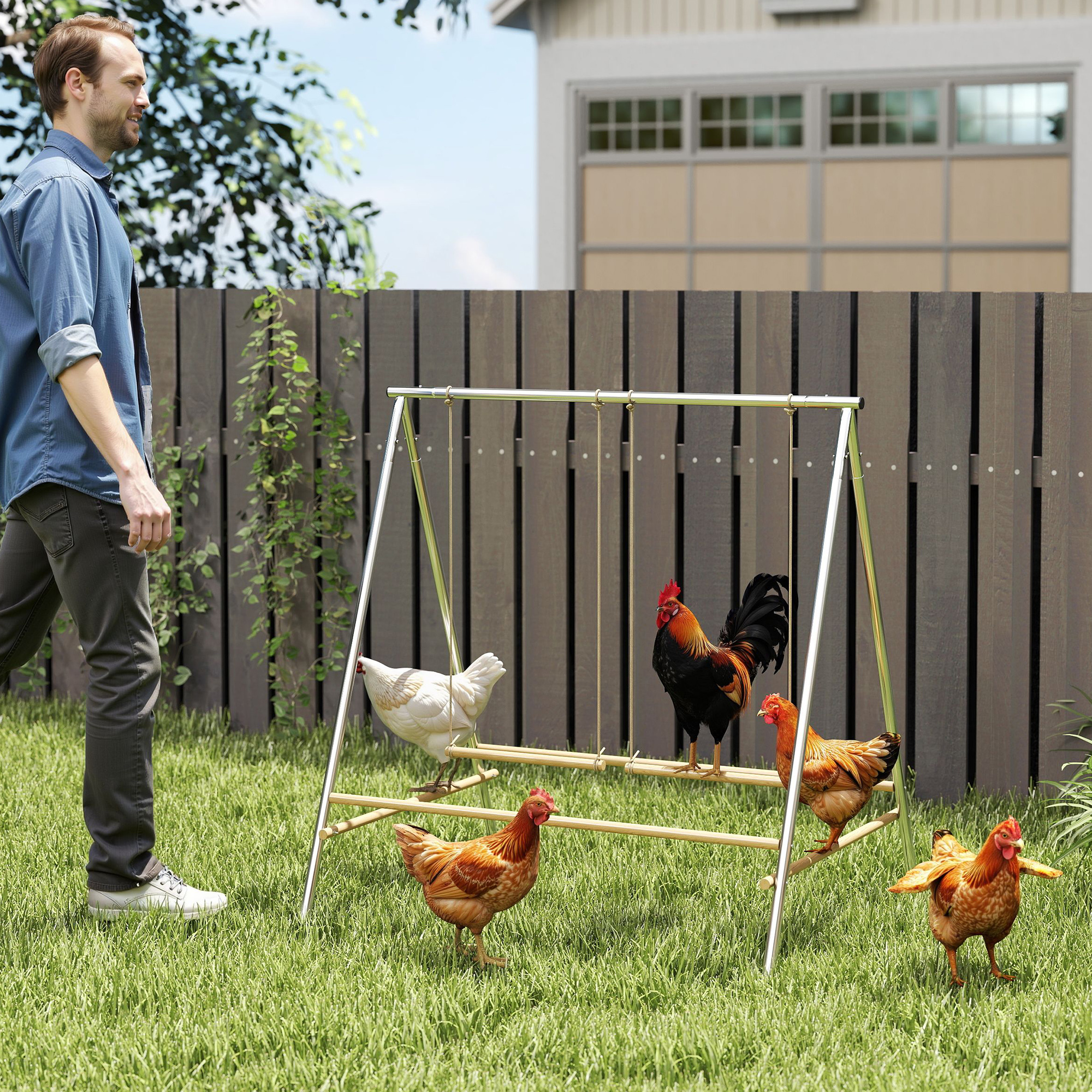 Chicken Perch for Coop, Chicken Roosting Bars with 2 Swings, Coop Accessories for Farm, Backyard, Silver - Image 1