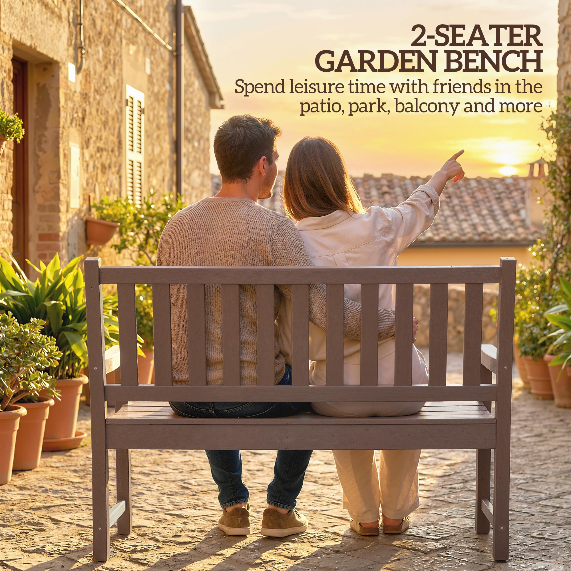  2-Person Garden Bench, HDPE Outdoor Bench with 530 lbs Capacity, Curved Seat for Backyard, Park, Porch, Lawn, Brown