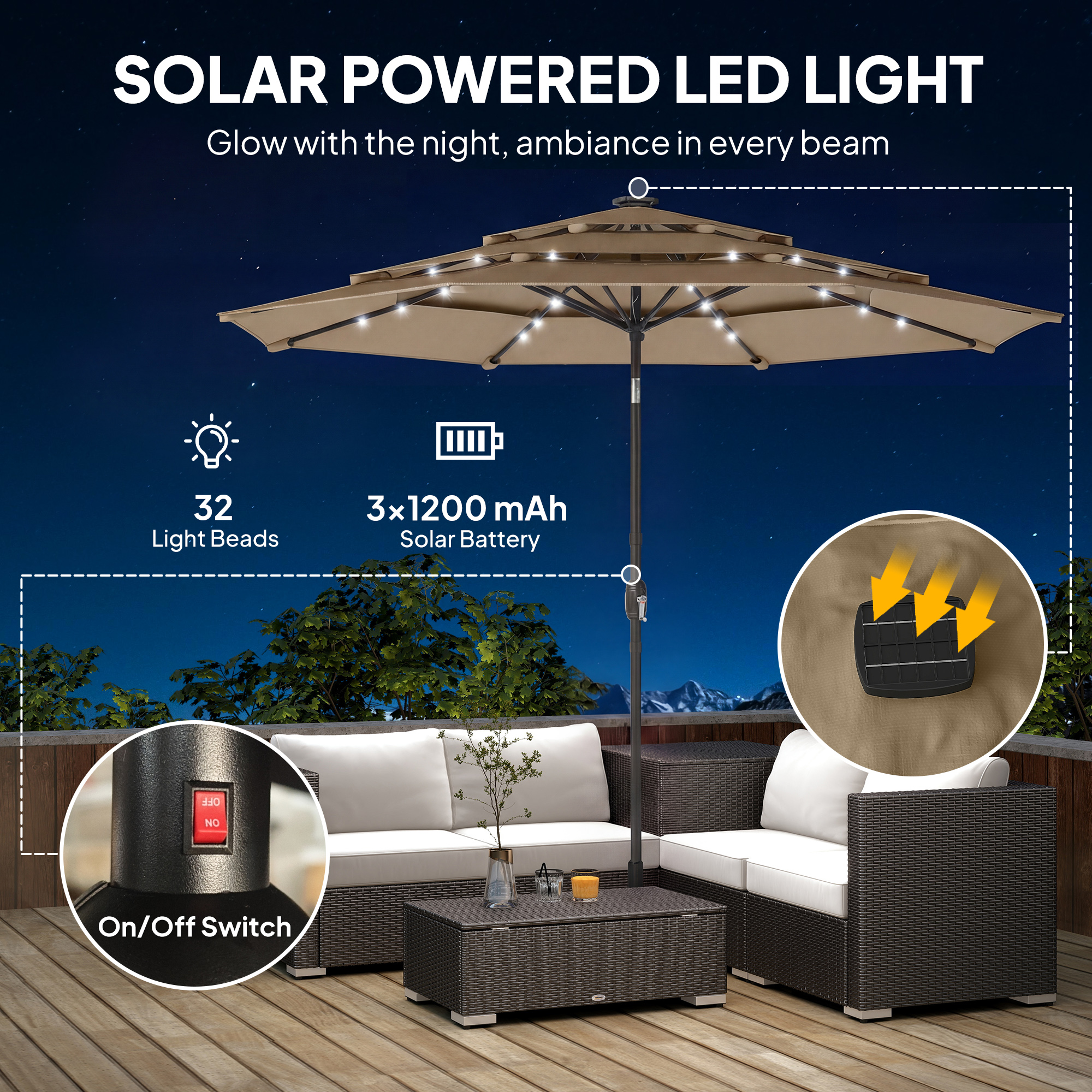  9.7 ft Outdoor Patio Umbrella with Solar LED Lights, 3 Tier Outdoor Table Umbrella with Tilt, Crank, Khaki