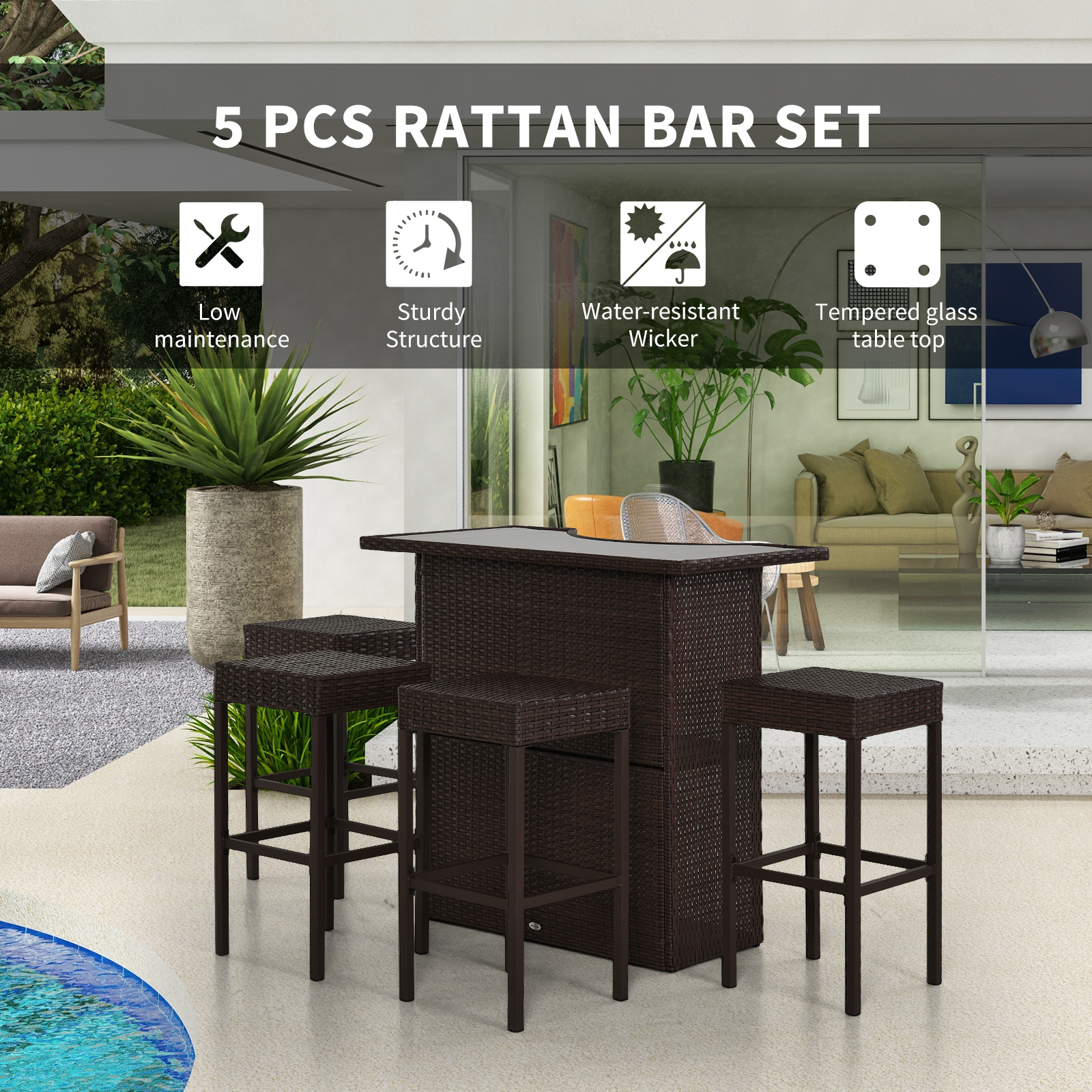  5 Piece Wicker Outdoor Bar Set, High Top Outdoor Table and Chairs, Bar Height Patio Set with Glass Table Top 2 Tier Storage Shelf and 4 Bar Stools for Garden, Poolside, Dark Brown