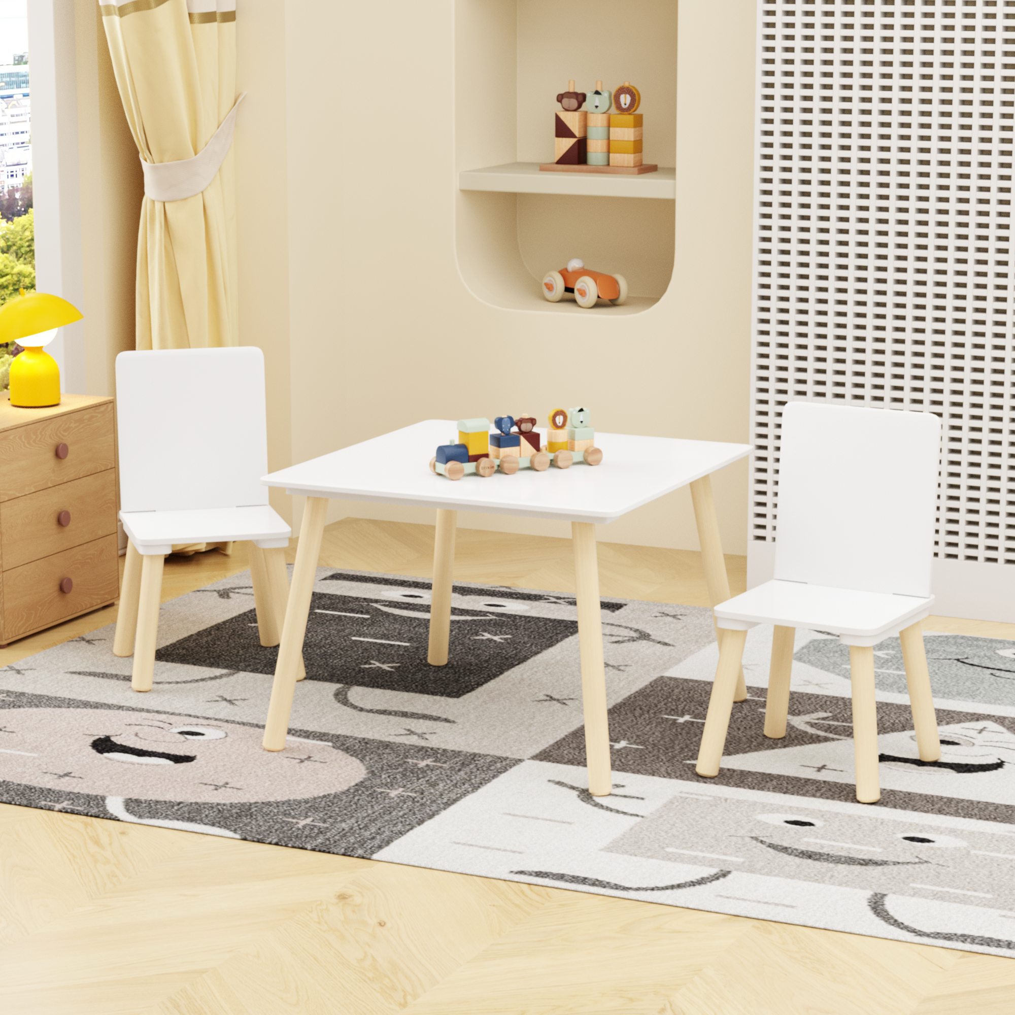 Kids Table And 2 Chairs Set, 3 Pieces Toddler Table And Chair Set, Wooden Activity Play Table Set White