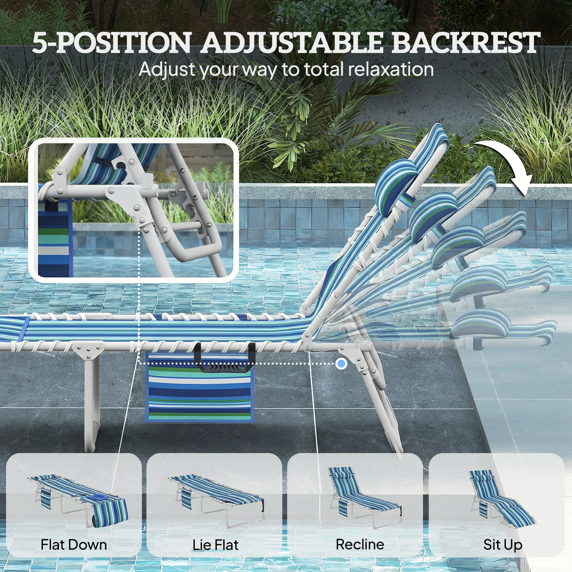  Tanning Chair Set of 2 with Face Hole and Side Table, 5-Position Folding Outdoor Chaise Lounge Chair, Blue Stripe