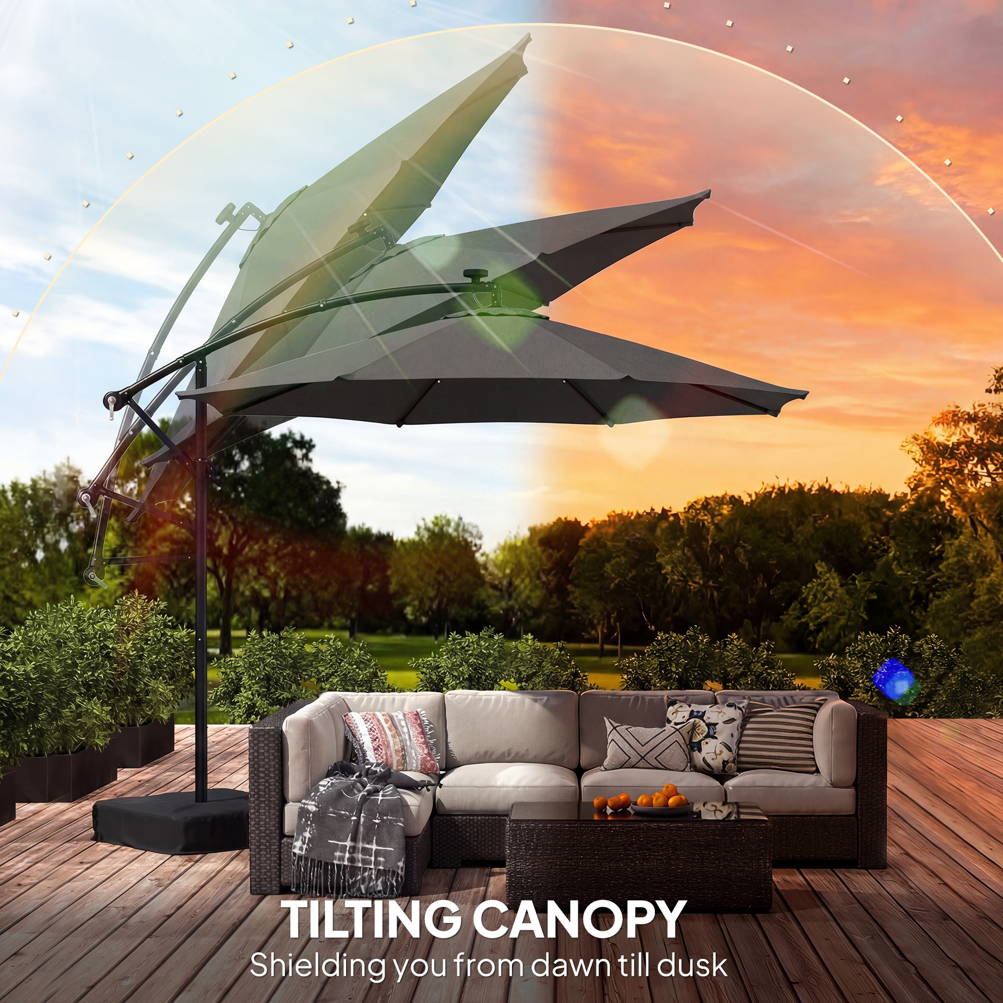  10 ft Cantilever Patio Umbrella with Light, Weight, Offset Hanging Outdoor Umbrella with Protective Cover, Dark Gray