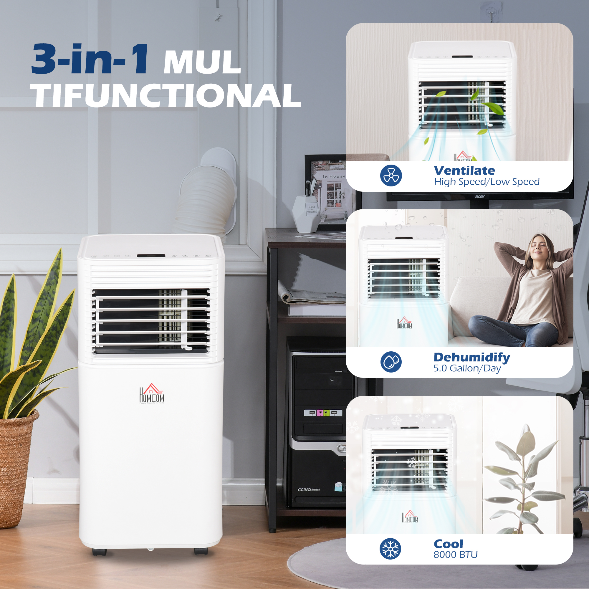  8000 BTU Mobile Air Conditioner for Cooling and Dehumidifying, Remote Control, 24H Timer, LED Display, White