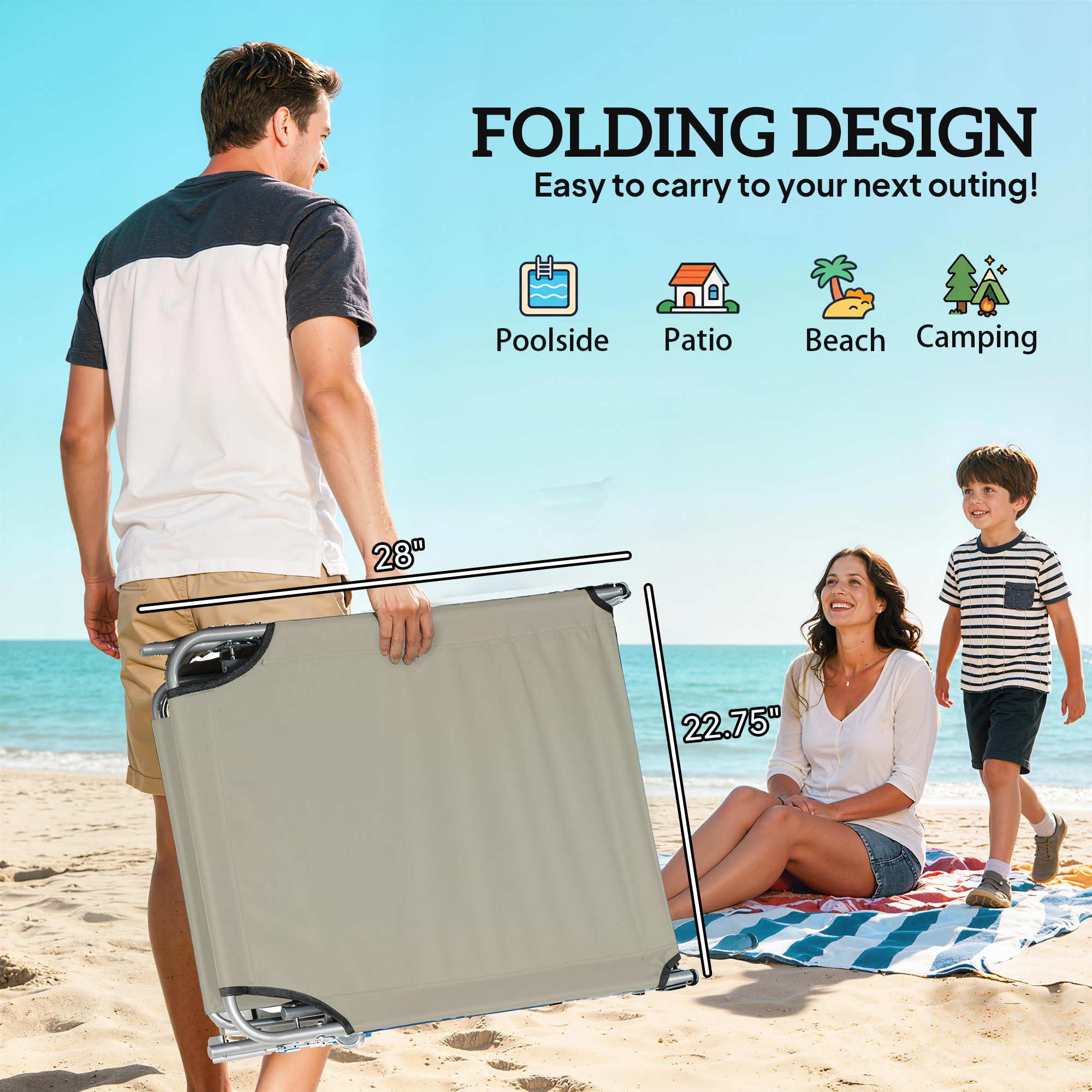  Outdoor Pool Chaise Lounge Chair, Folding Tanning Chair with Sun Shade, Cream White