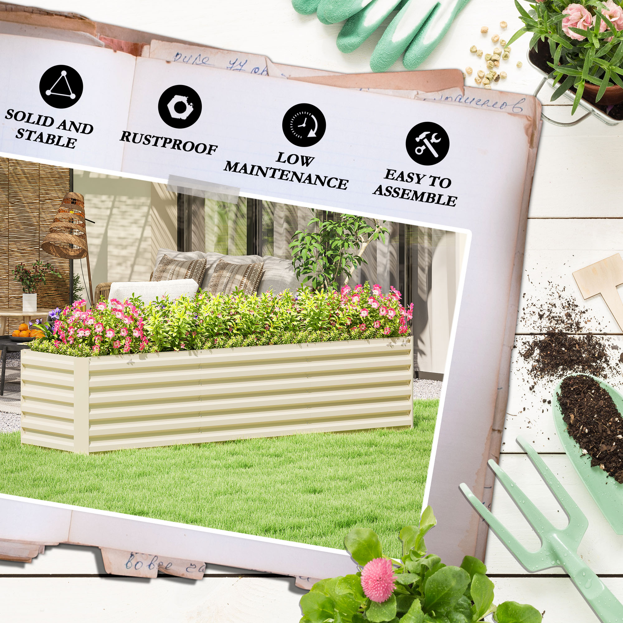  8x2x2ft Galvanized Raised Garden Bed Kit with Safety Edging for Flowers, Herbs and Vegetables, Cream White