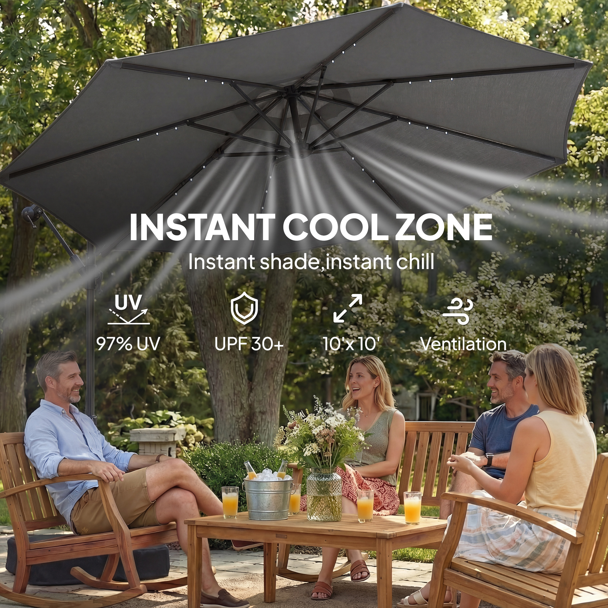  10 ft Cantilever Patio Umbrella with Light, Weight, Offset Hanging Outdoor Umbrella with Protective Cover, Dark Gray