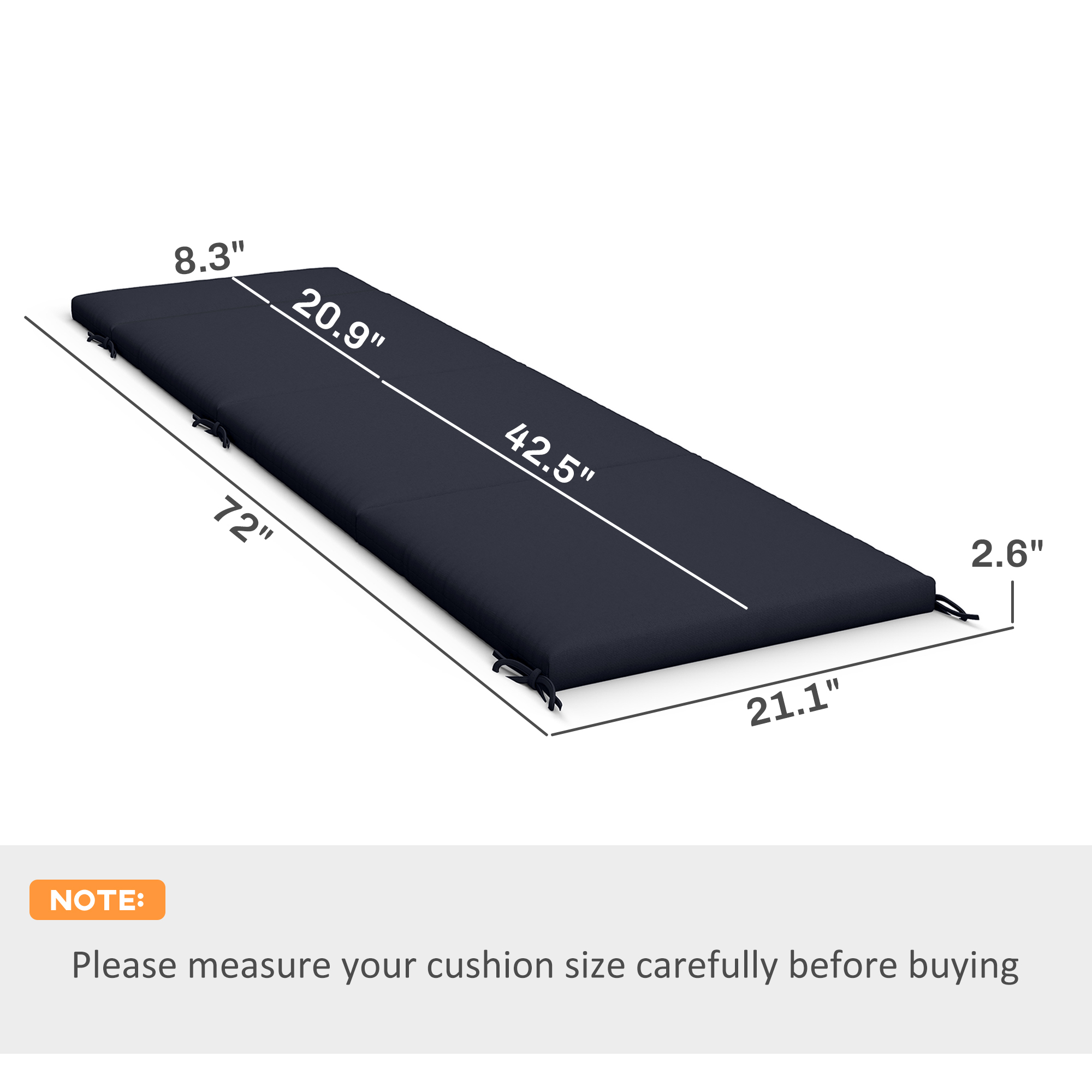  Outdoor Chaise Lounge Cushions Set of 2 with 6 Ties, High-Density Foam, for Patio and Poolside, Navy Blue