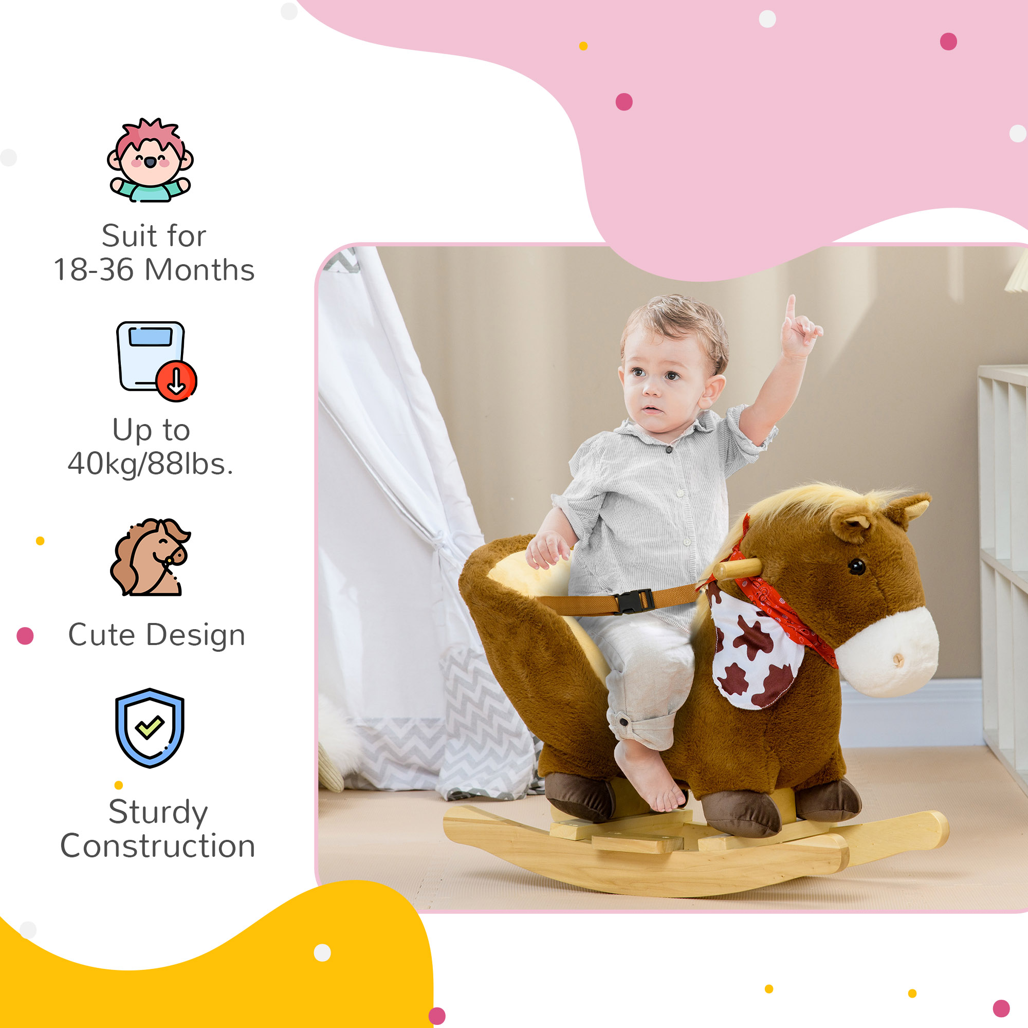 Baby Rocking Horse, Riding Horse, Plush Animal Rocker with Realistic Sound, Pedals for Ages 18-36 Months, Brown