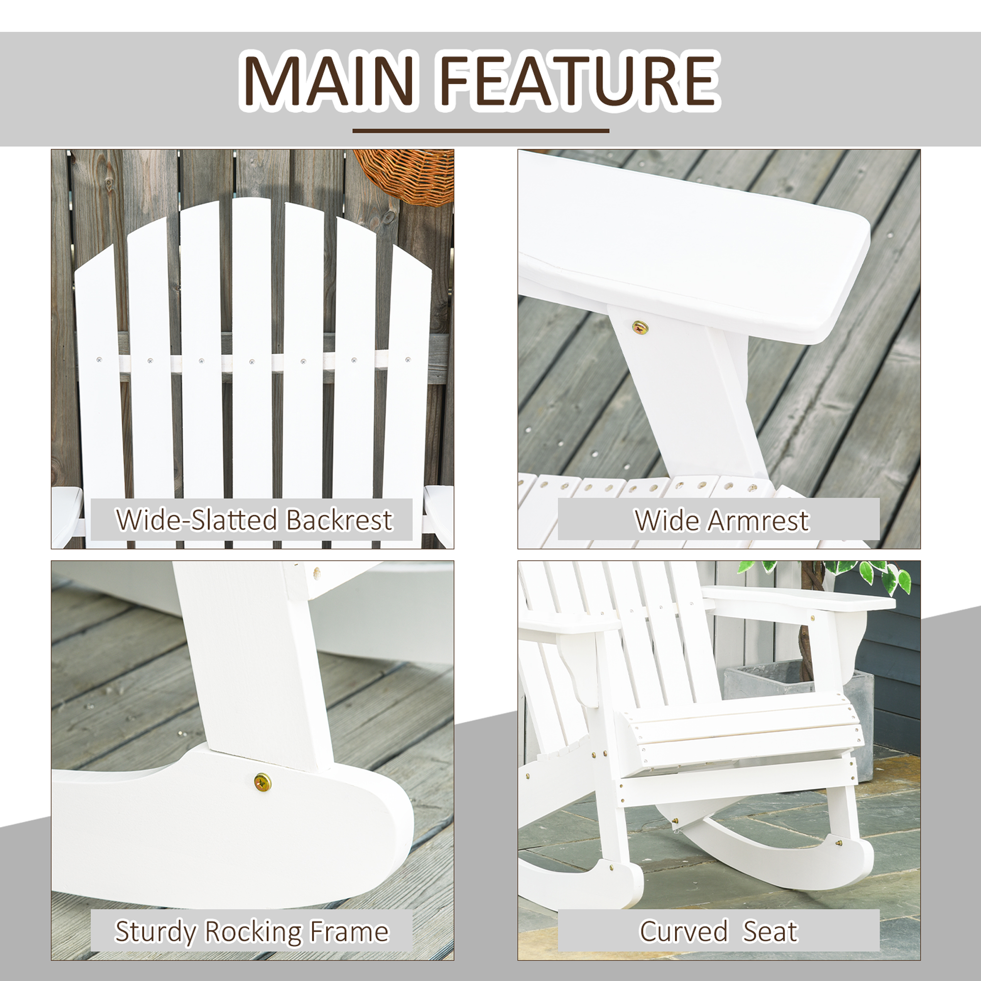  Wooden Adirondack Rocking Chair Outdoor Lounge Chair Fire Pit Seating with Slatted Wooden Design, Fanned Back, White