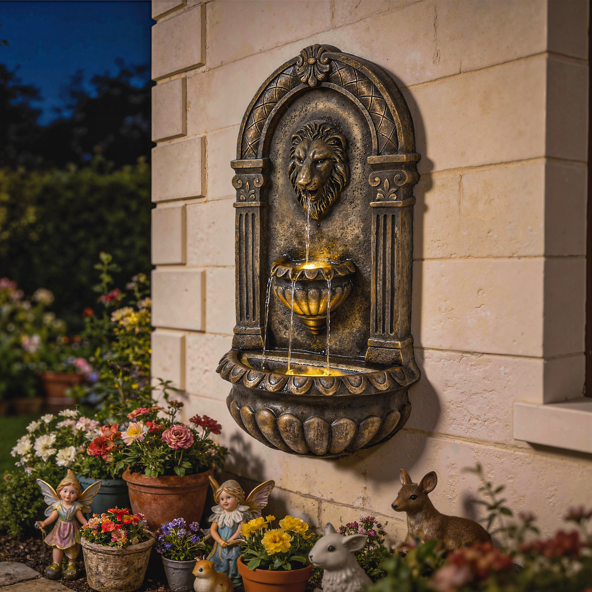  31" Wall-Mounted Outdoor Fountain, 3-Tier Cascading Waterfall Feature with LED Lights and Adjustable Flow, Bronze