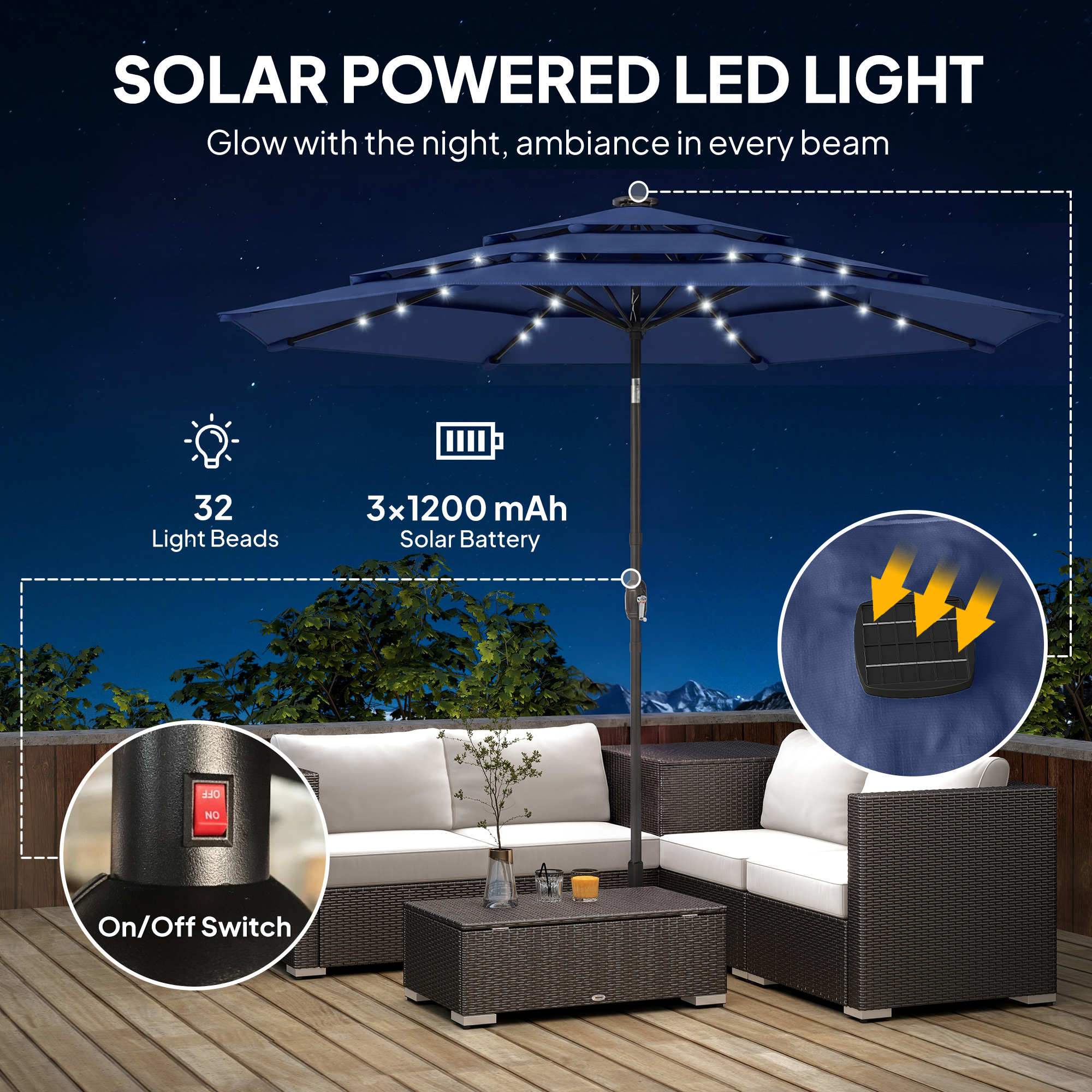  9.7 ft Outdoor Patio Umbrella with Solar LED Lights, 3 Tier Outdoor Table Umbrella with Tilt, Crank, Navy Blue