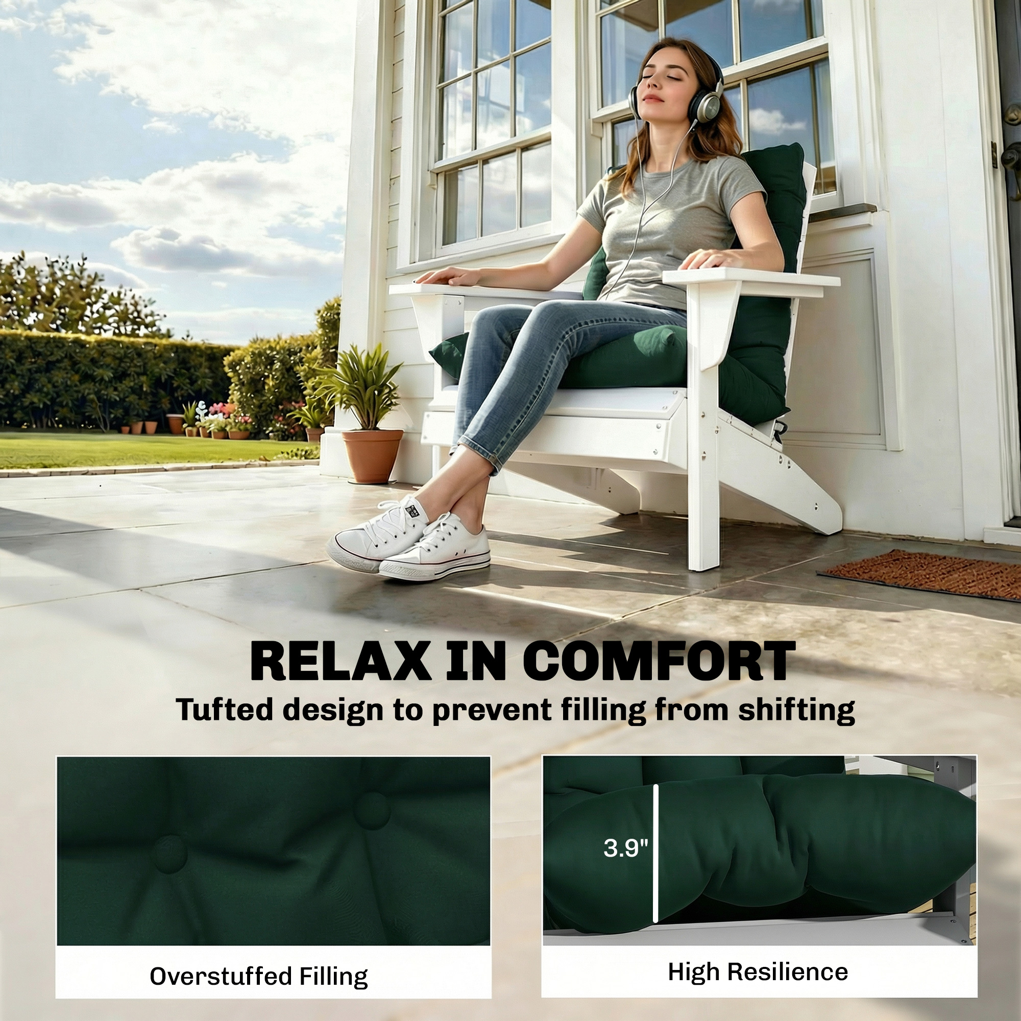  Outdoor Adirondack Chair Cushions Set of 2, Tufted High Back Patio Chair Cushions, Dark Green