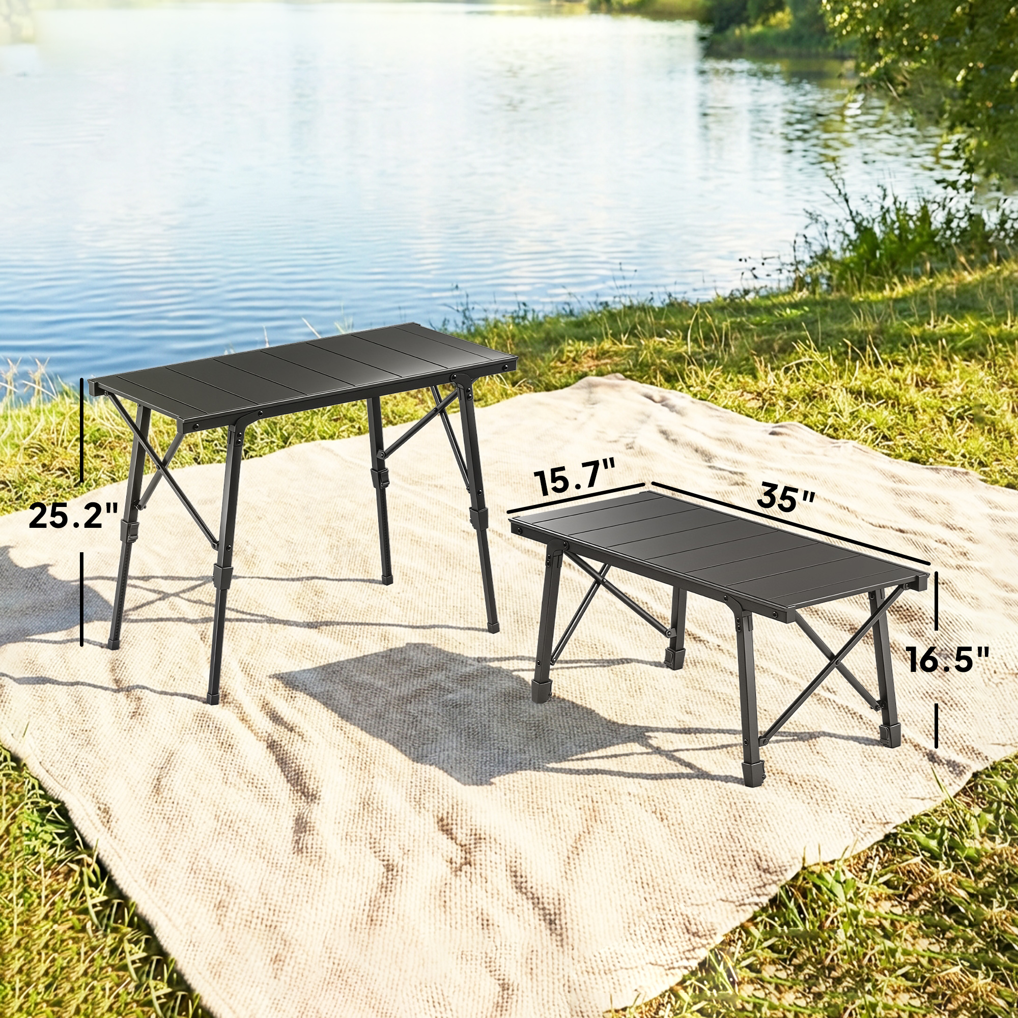  Adjustable Height Folding Picnic Table with Removable Plates, Aluminum Camping Table, Black