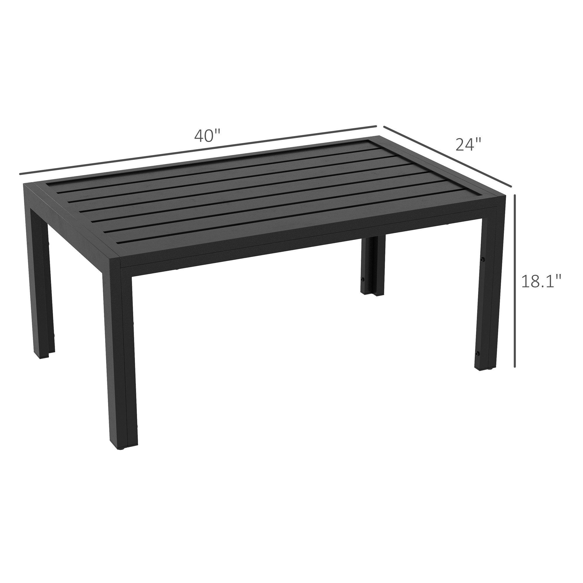  Outdoor Coffee Table, Rectangular Patio Side Table with Steel Frame and Slat Tabletop for Garden, Balcony, Black