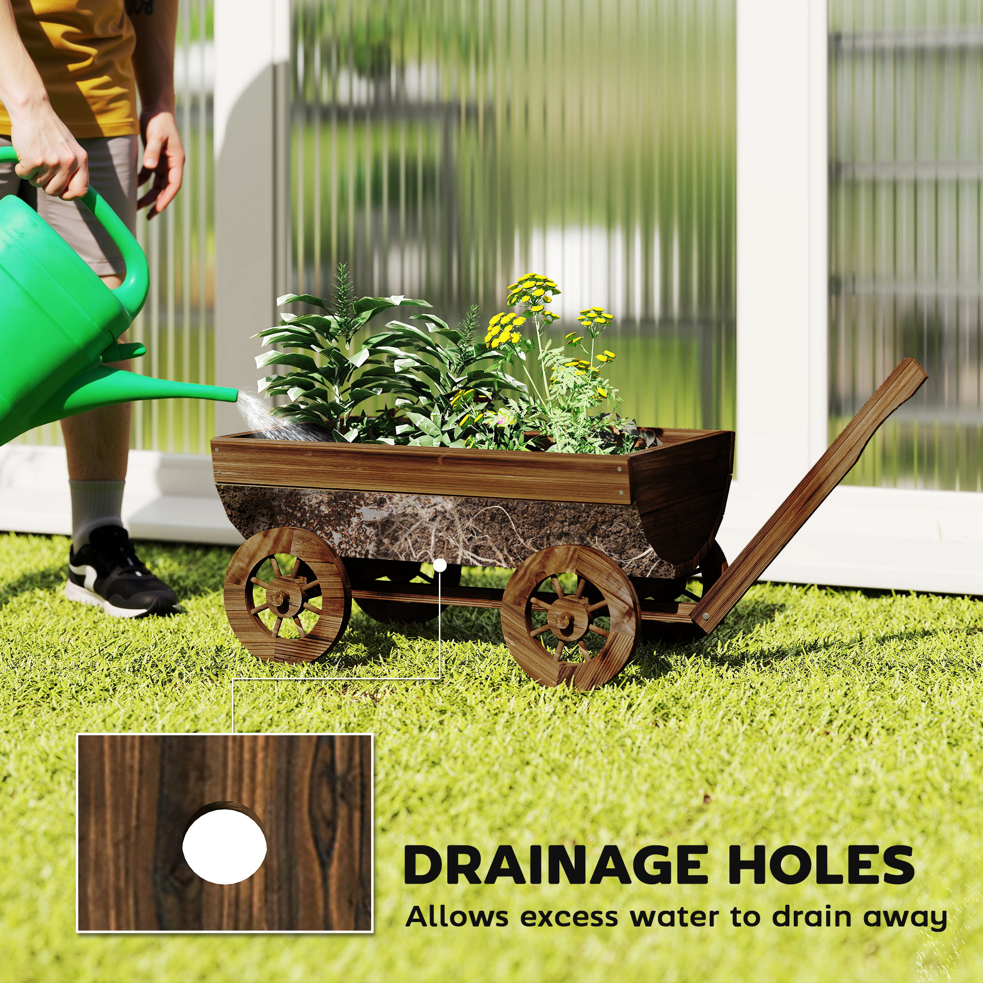  Wooden Wagon Planter Box, Mobile Garden Planter with 4 Wheels, Small Wheelbarrow Wagon Flower Cart with Drainage Hole