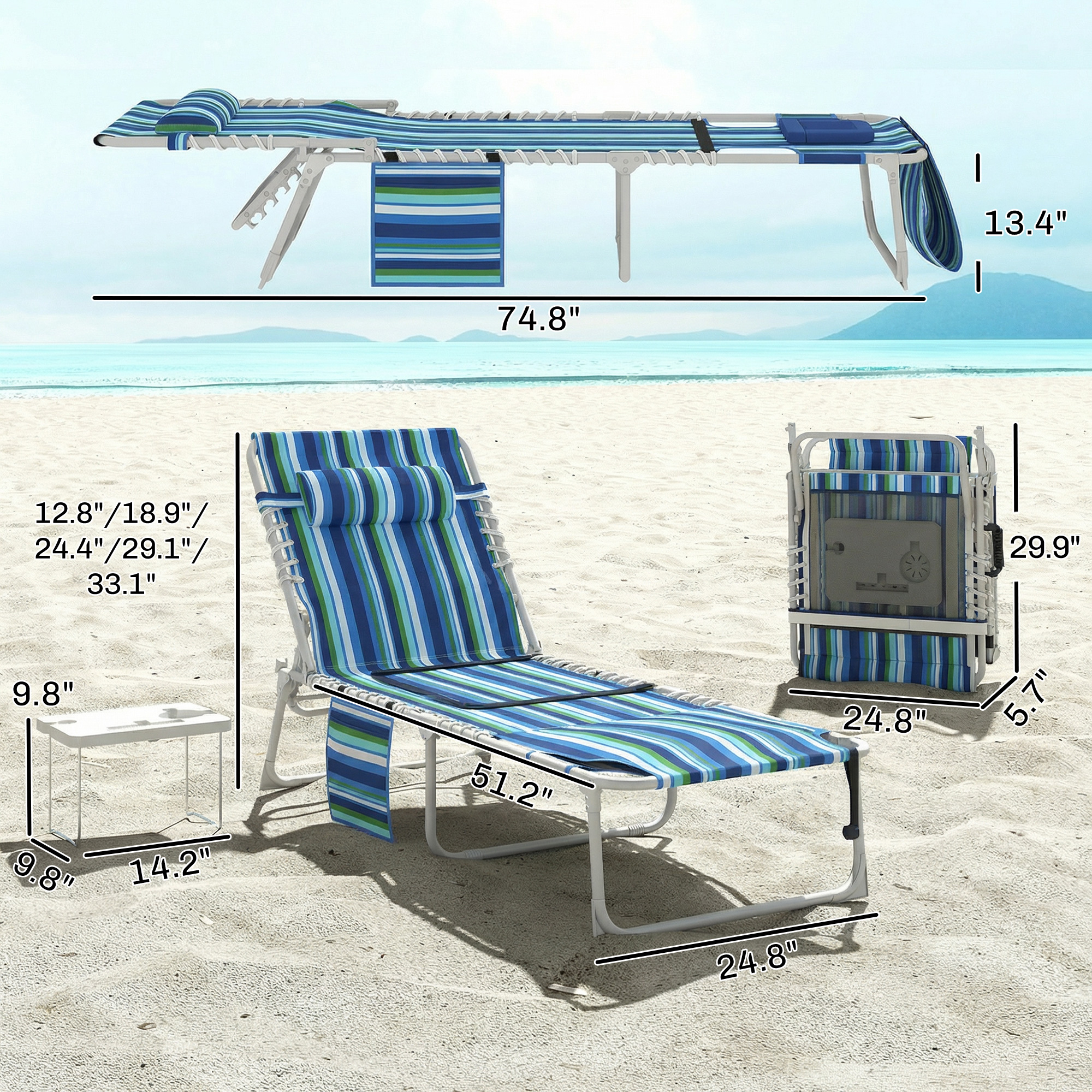  Tanning Chair with Face Hole and Side Table, 5-Position Folding Outdoor Chaise Lounge Chair, Blue Stripe
