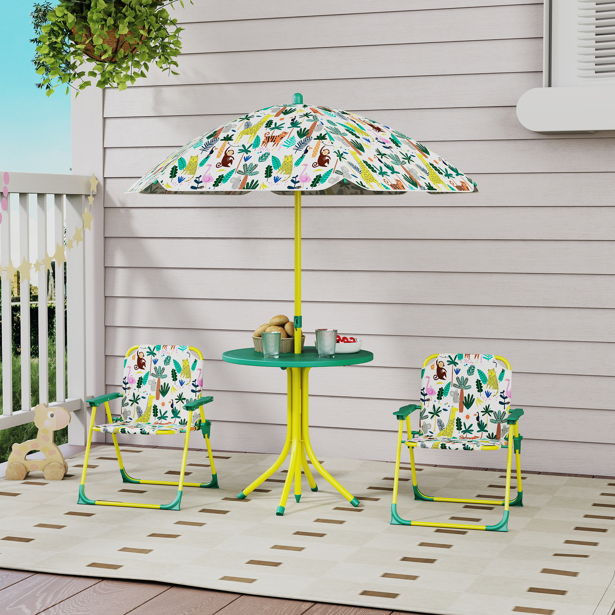 Kids Picnic Table, Kids Table and Chair Set with 2 Folding Chairs and Umbrella for Backyard, Garden, Patio, Green