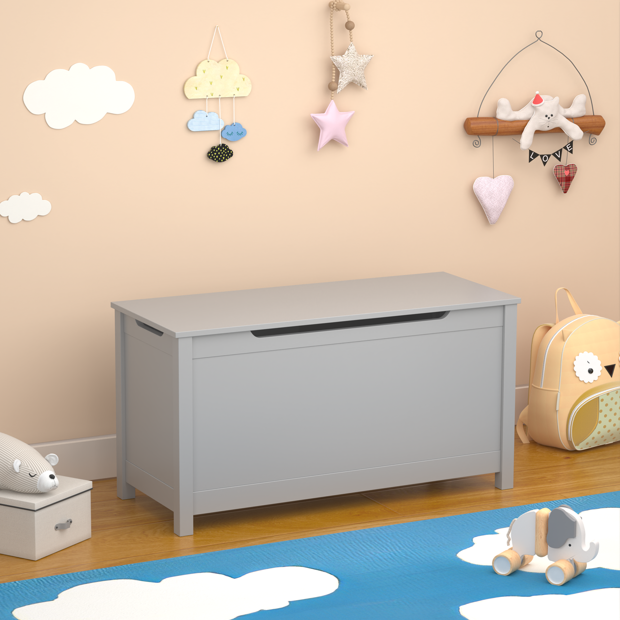 Kids Wooden Toy Box Storage With Safety Hinged Lid For Ages 2 Gray - Image 1