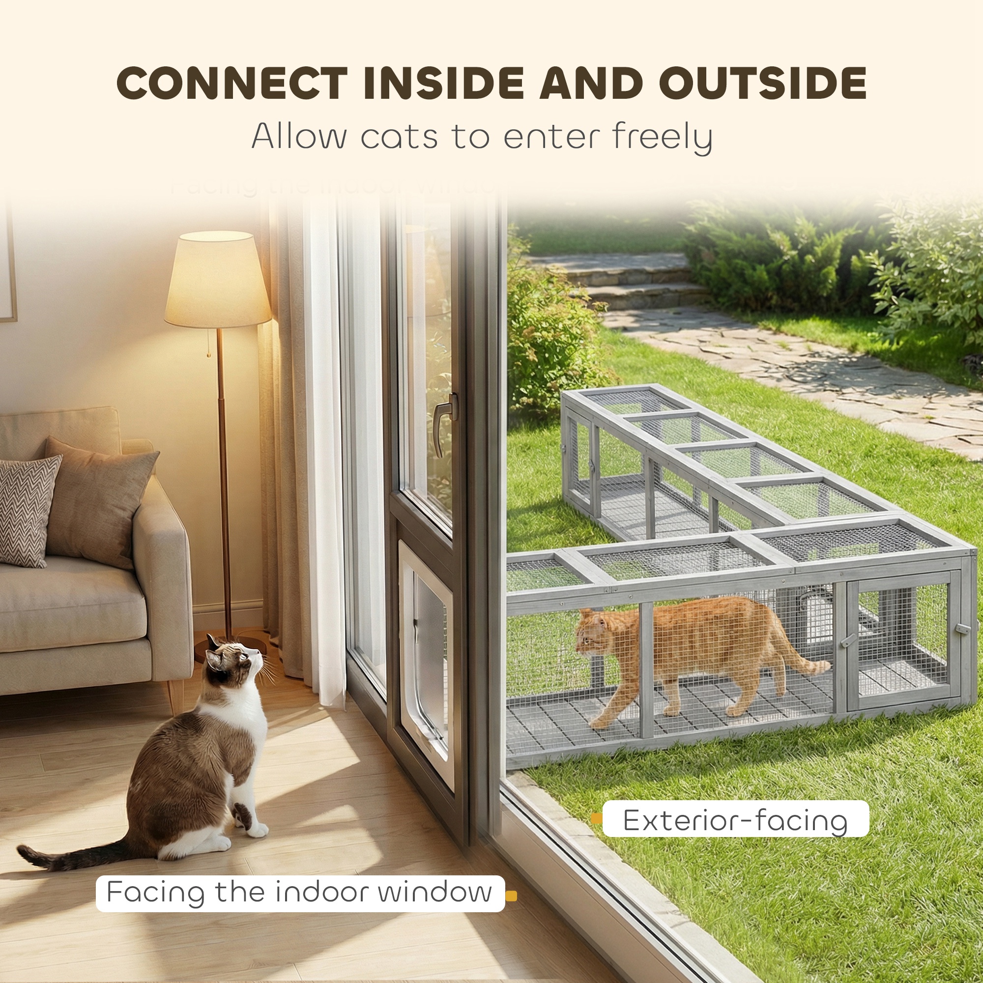  Wooden Cat Run with Weather Protection, Connecting Inside and Outside, 79"L x 15"W x 15"H, Dark Gray