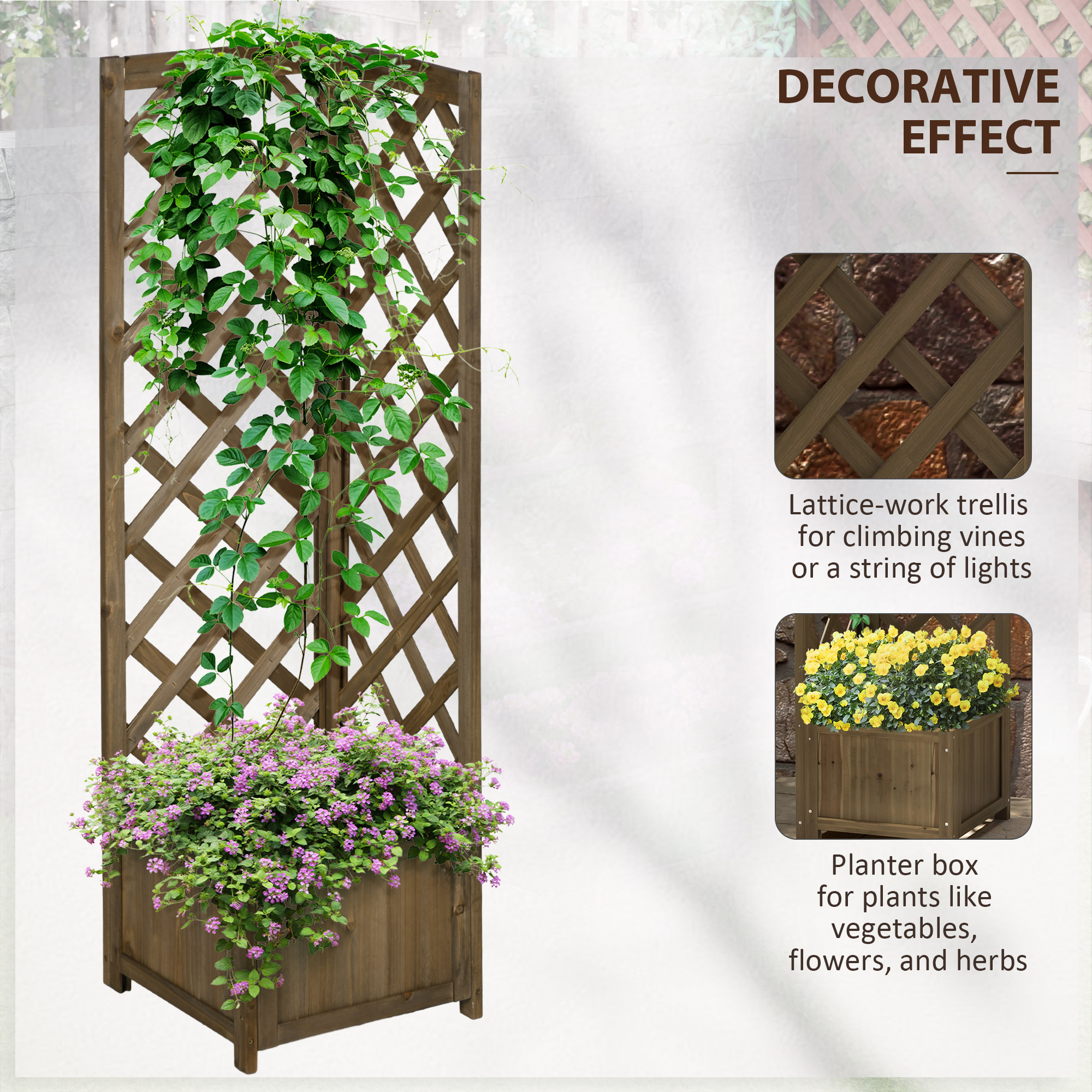  Wooden Raised Garden Bed, Planter with Trellis for Vine Climbing and Vegetables, Herbs and Flowers Growing, Carbonized