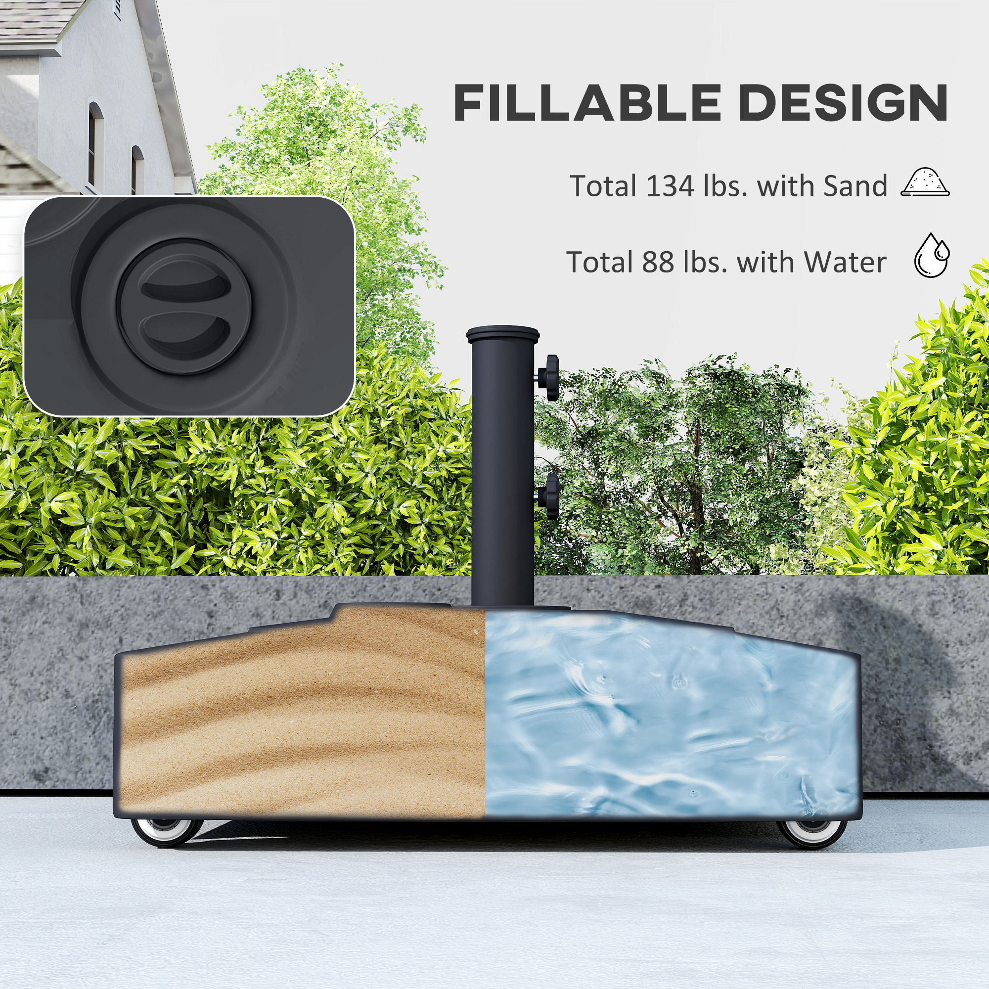  Patio Umbrella Base with Wheels, 134 lbs Stand/88 lbs Water Filled Outdoor Umbrella Stand for 1.38/1.5/1.89" Pole, Black
