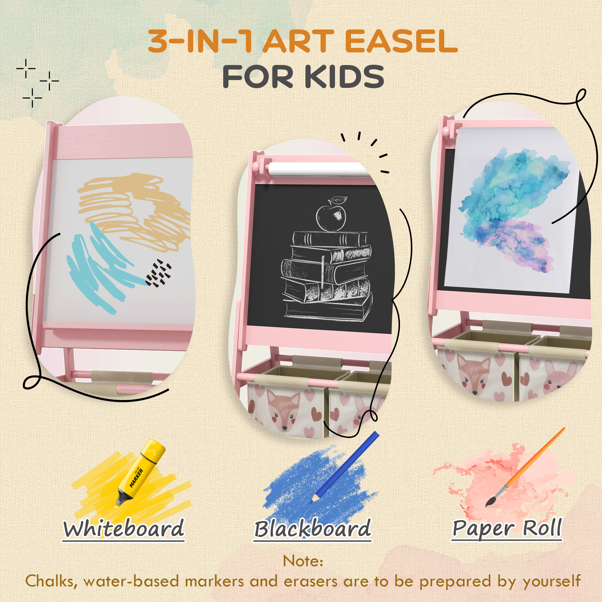 Art Easel for Kids with Paper Roll, Blackboard, Whiteboard, Storage, Pink
