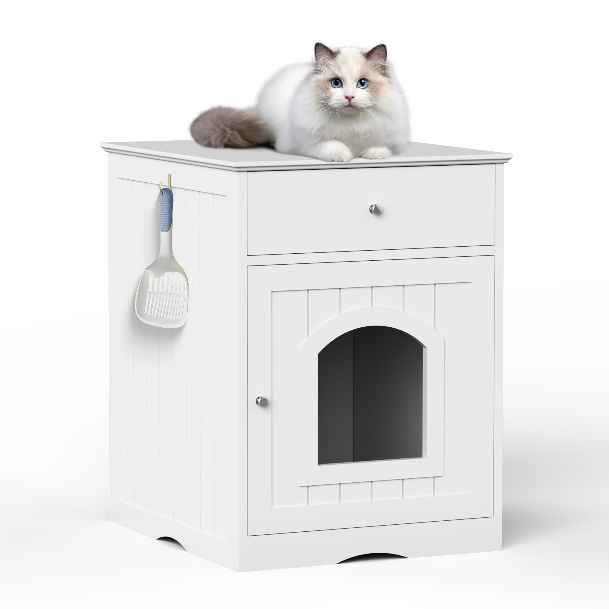 Wooden Pet House Cat Litter Box Enclosure With Drawer, Side Table, Indoor Pet Crate, Cat Home Nightstand White - imagen 1