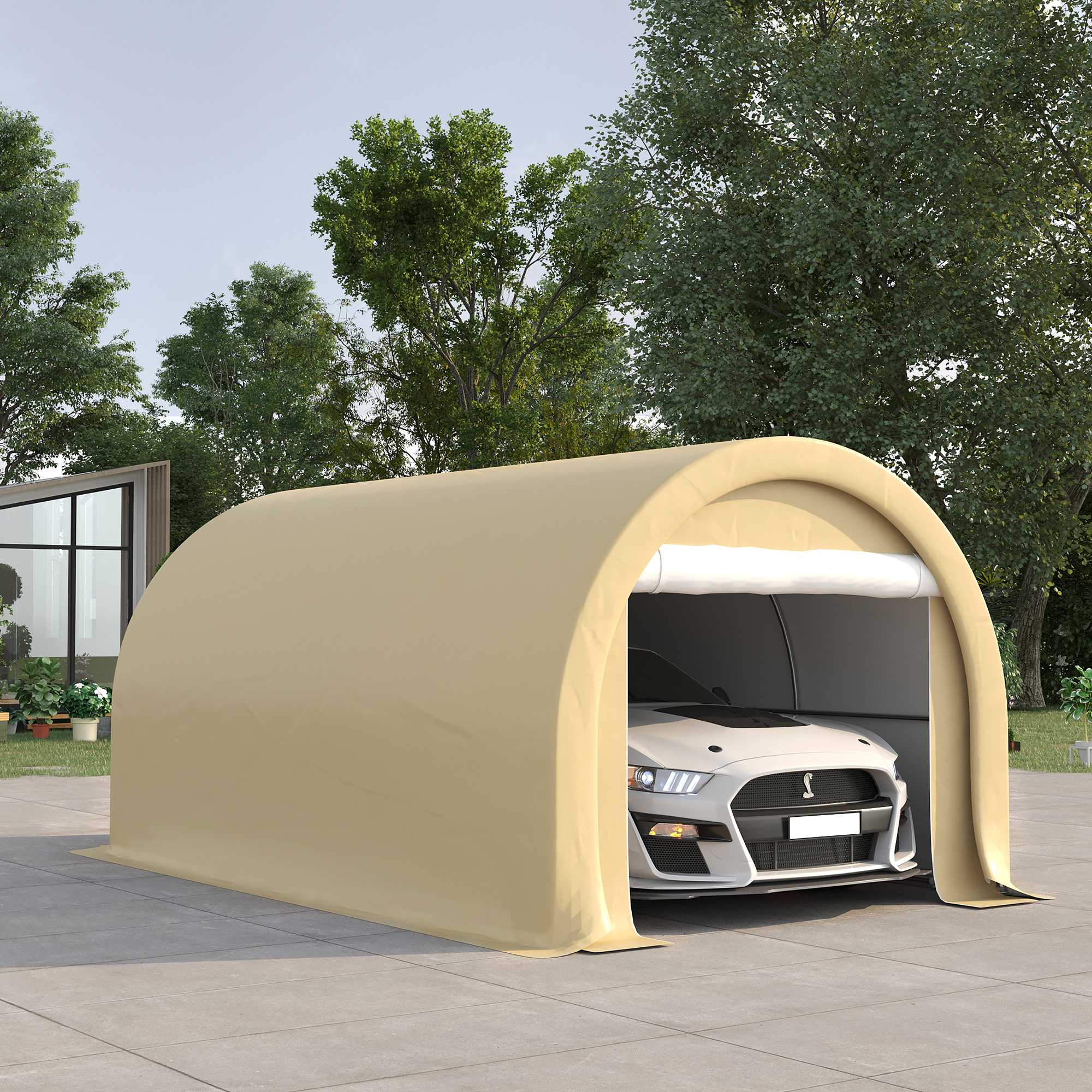 10' x 16' Carport, Heavy Duty Portable Garage Storage Tent with Large Zippered Door, Anti-UV PE Canopy Cover for Car, Truck, Boat, Motorcycle, Bike, Garden Tools, Outdoor Work, Beige