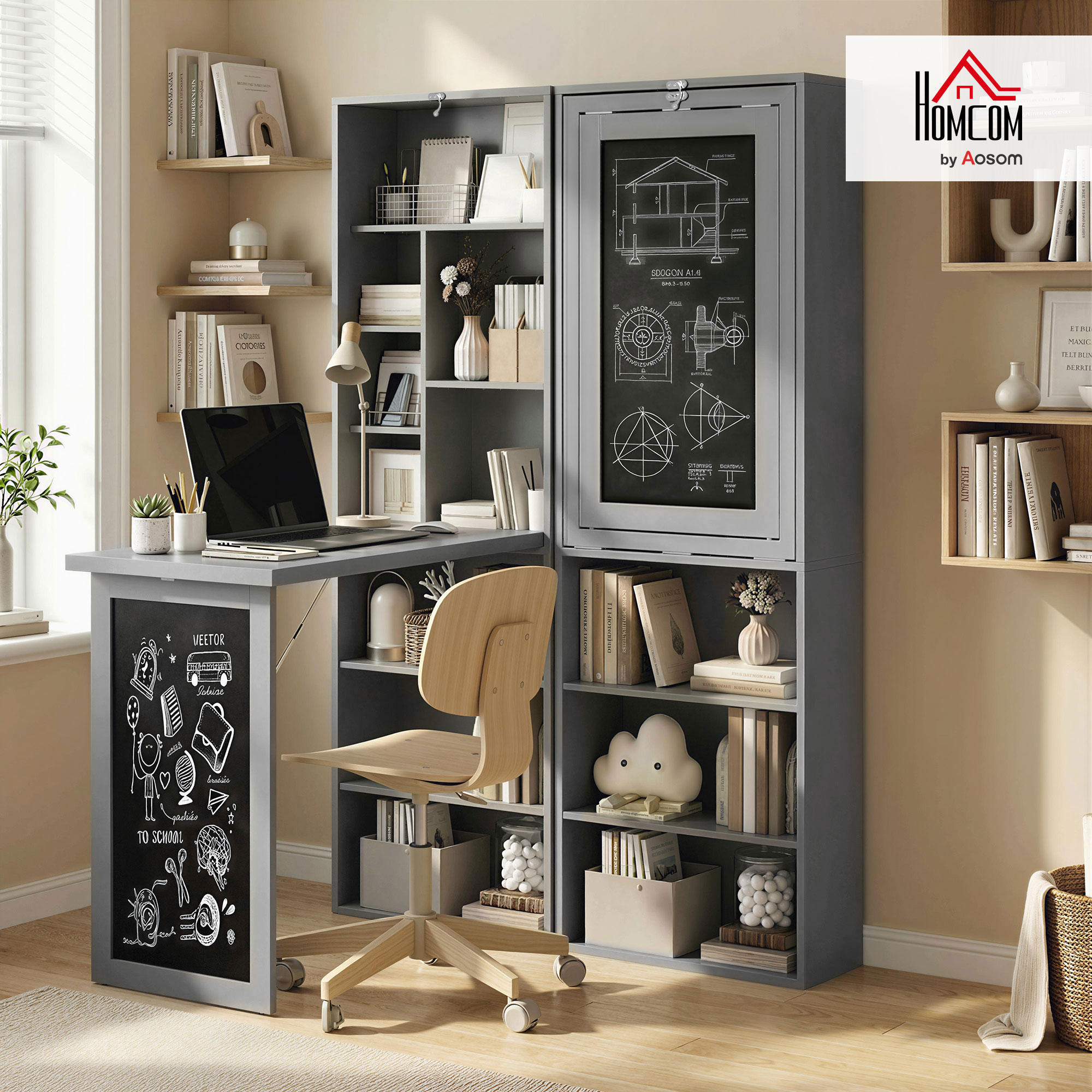 Fold-out Convertible Office Desk, Wall Mount Computer Desk with Blackboard and Side Shelf, Charcoal Gray image 3