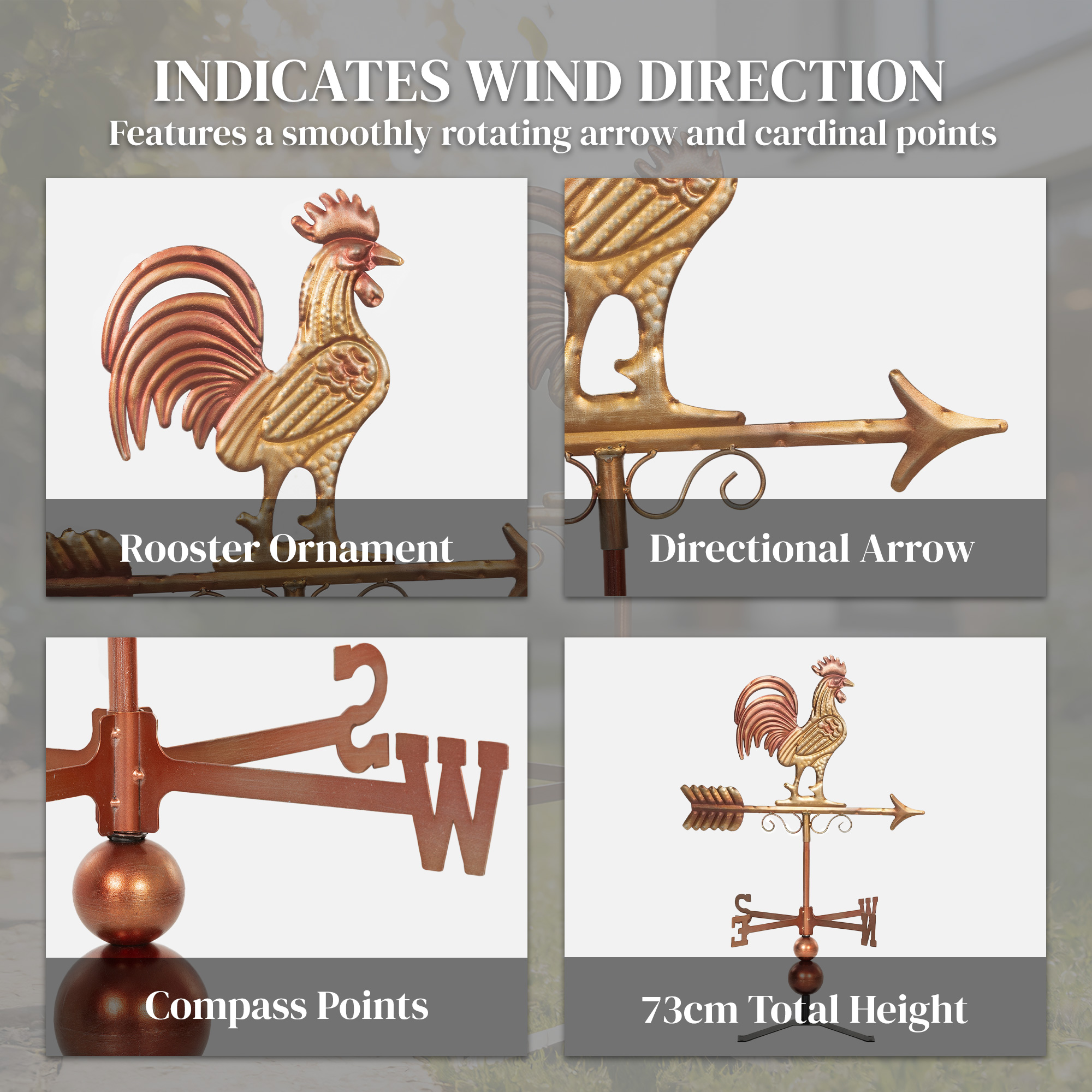  Metal Rooster Weathervane, Roof Mount Wind Direction Indicator, Outdoor Weather Vanes
