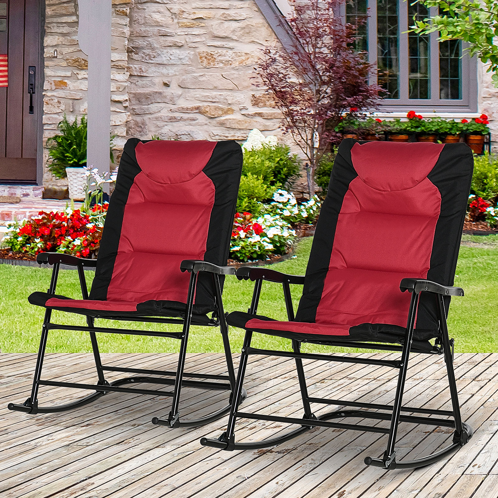  2 Piece Outdoor Patio Furniture Set with 2 Folding Padded Rocking Chairs, Bistro Style for Porch, Camping, Balcony, Red