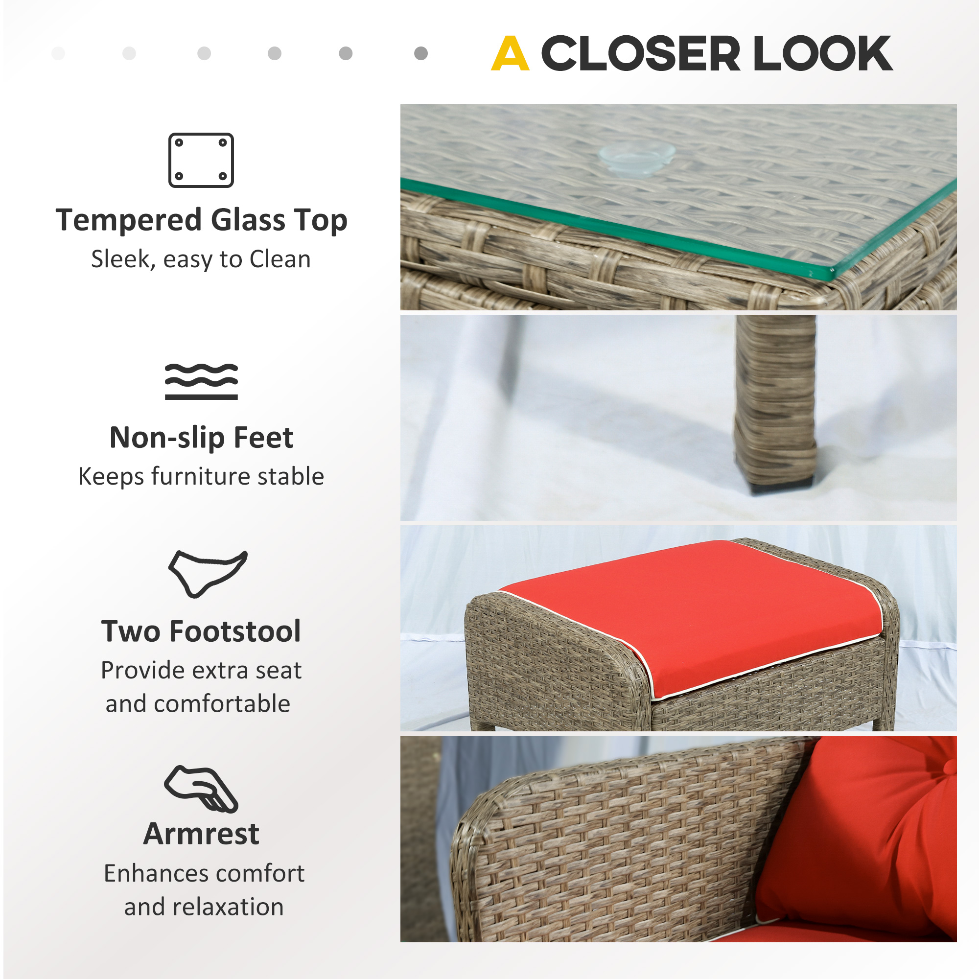  5 Pieces Rattan Wicker Lounge Chair Outdoor Patio Conversation Set with 2 Cushioned Chairs, 2 Ottomans and Tempered Glass Top Coffee Table, Brown/Red