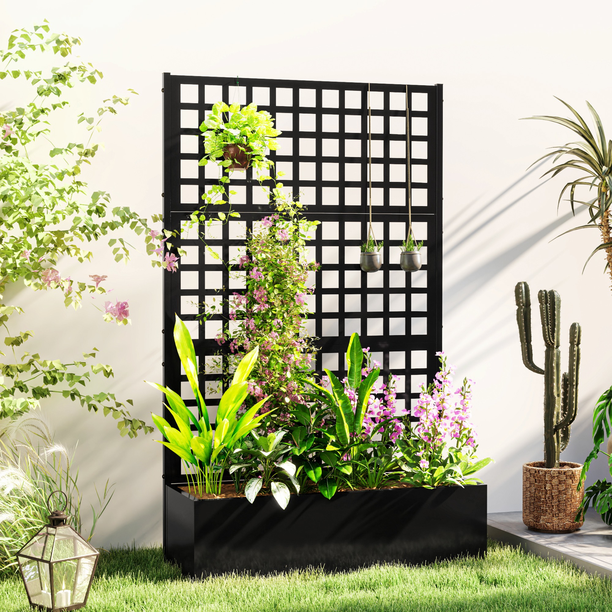  Galvanized Raised Garden Bed Planter Box with Trellis for Climbing Plants, Vegetable, Vines, 43" x 16" x 70", Black