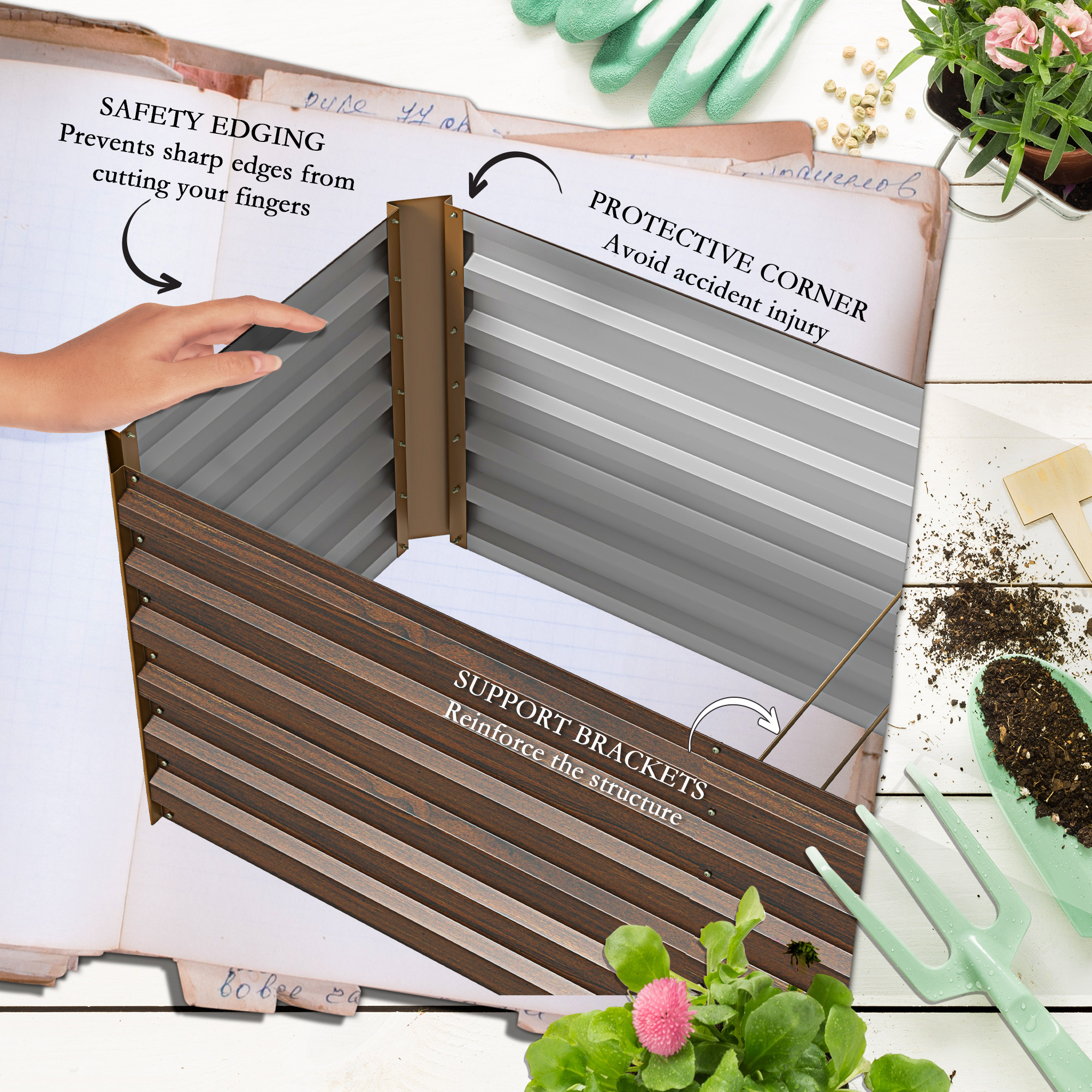  8x2x2ft Galvanized Raised Garden Bed Kit with Safety Edging for Flowers, Herbs and Vegetables, Dark Brown