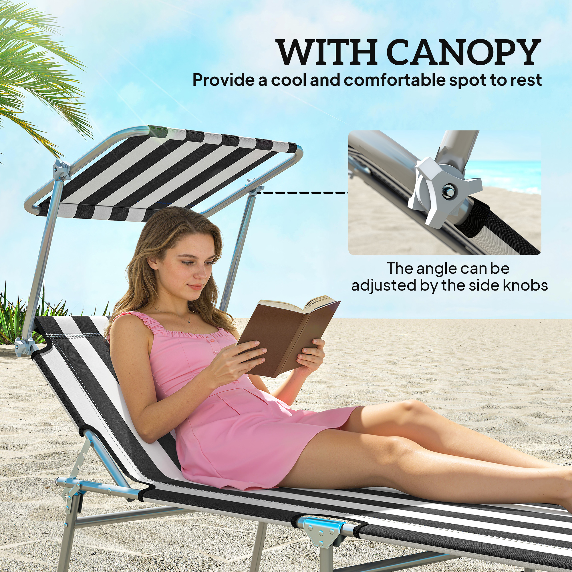  Outdoor Pool Chaise Lounge Chair, Folding Tanning Chair with Sun Shade, Black and White