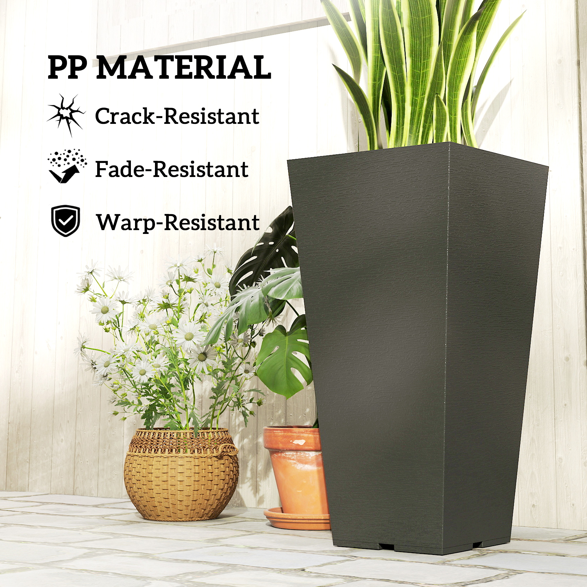  23 Inch Tall Planters for Outdoor Plants, Set of 2 Plastic Flower Pots, for Front Door Patio Garden Use, Black