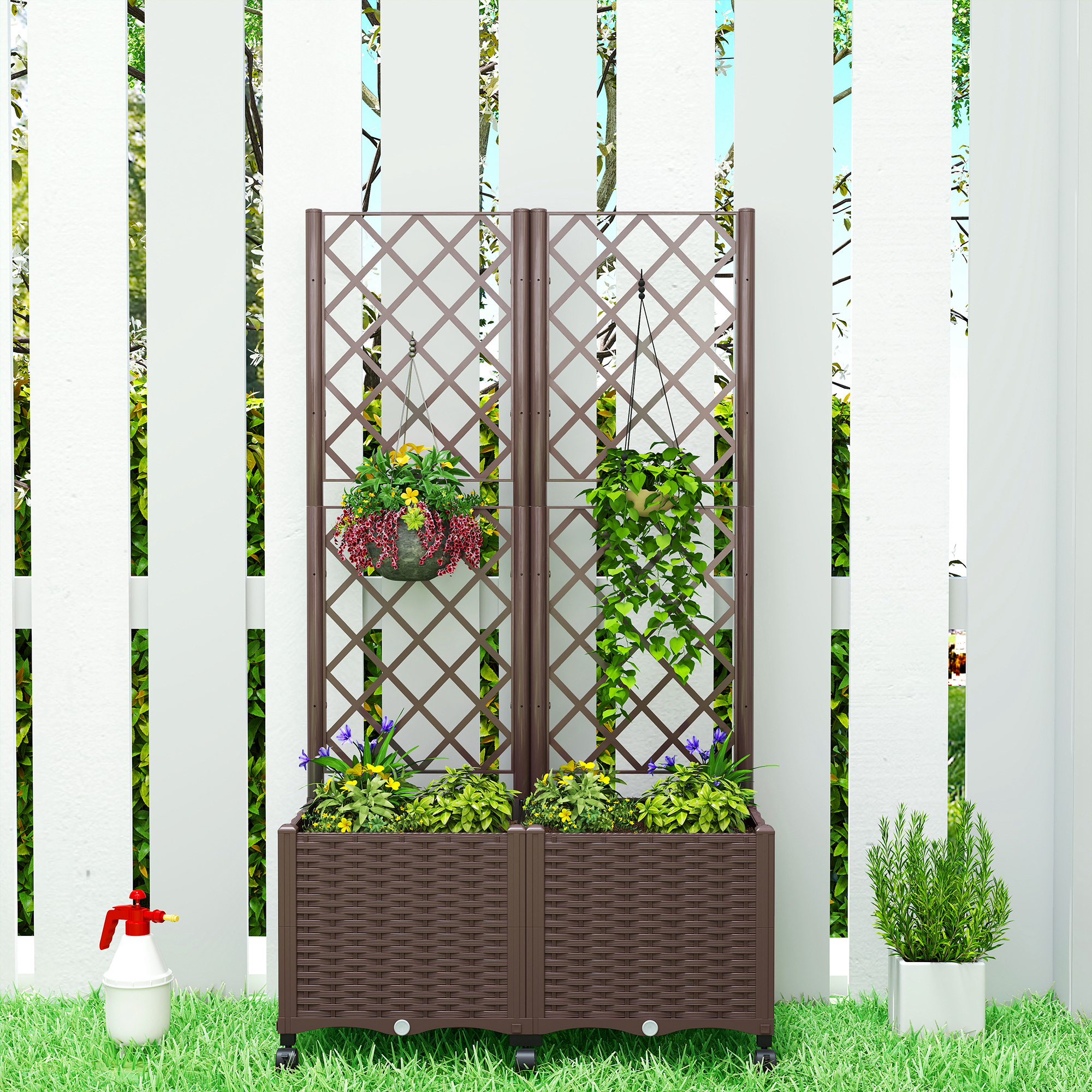  Planter Box with Trellis, Self Watering Raised Garden Bed with Lockable Wheels and Drainage Holes, Brown