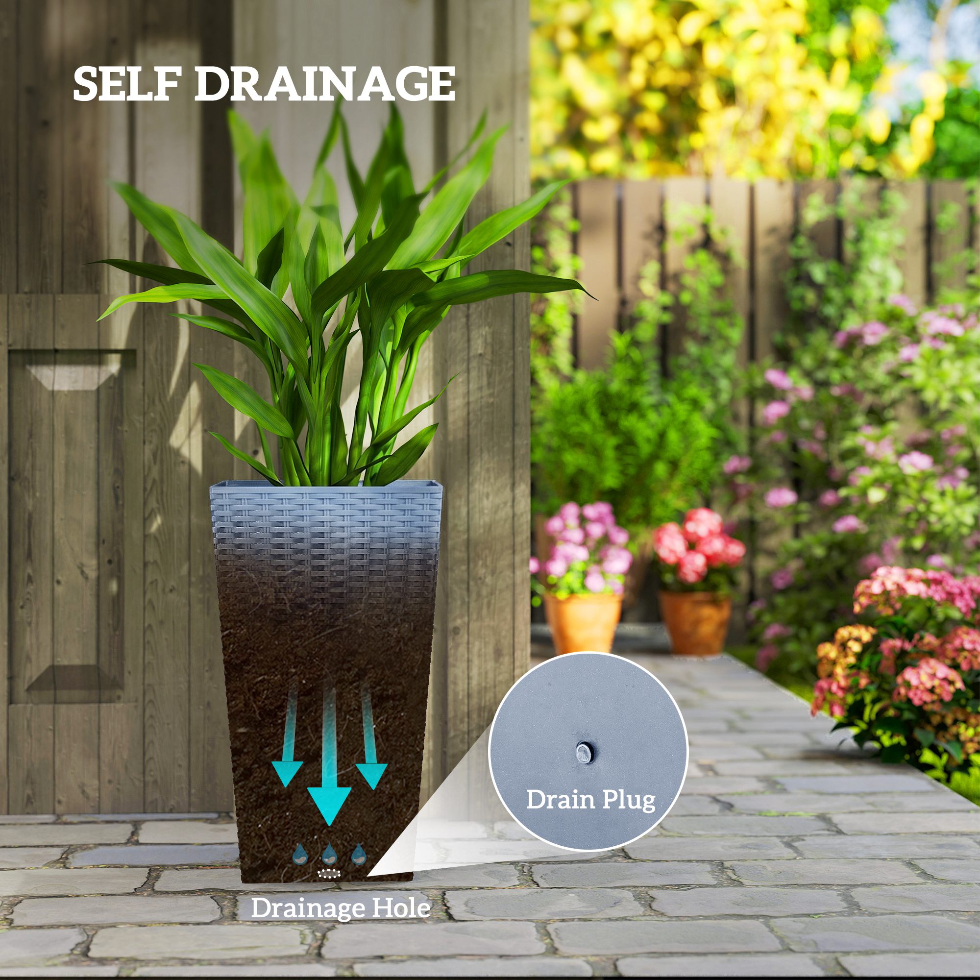  Tall Planters for Outdoor Plants Set of 3, 24 In Taper Planters with Drainage Holes, Rattan Decor Plant Pots, Light Gray