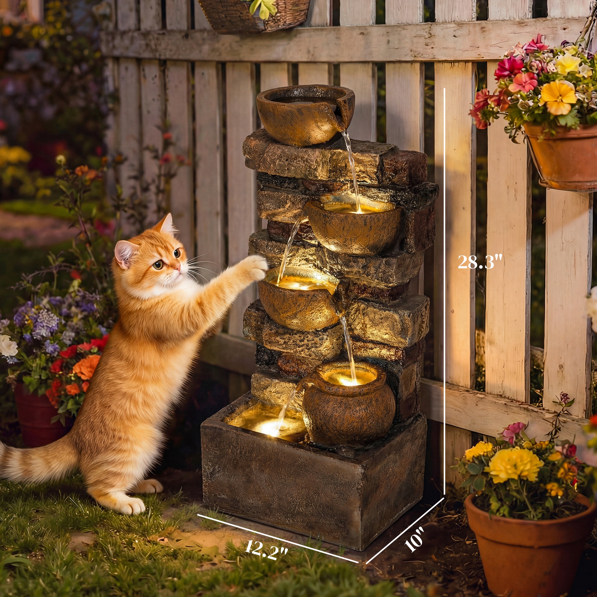  28" Outdoor Fountain with 5-Tier Rustic Jugs, Cascading Waterfall with LED Lights, Adjustable Flow, Rustic Brown