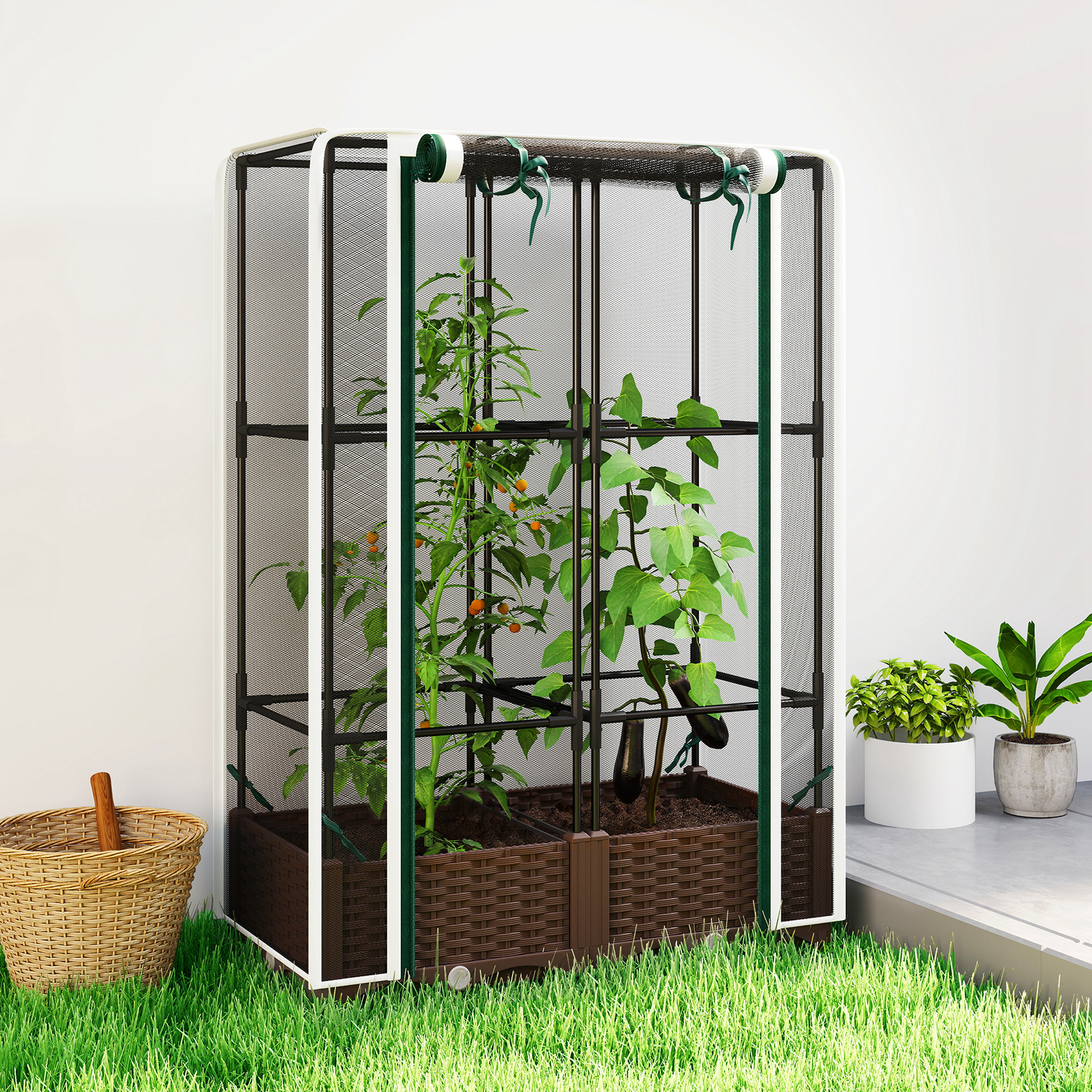 Raised Garden Bed with Trellis, 46.5" Tomato Cage with Crop Cage, Self Watering Planter Box with Drainage Holes, White