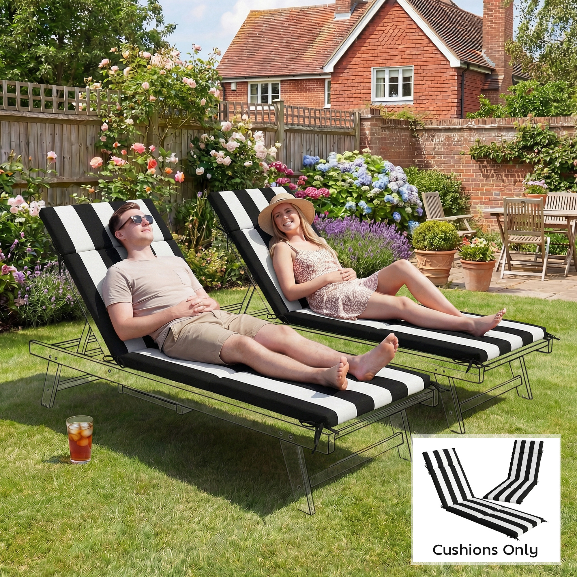  Outdoor Chaise Lounge Cushions Set of 2 with 6 Ties, High-Density Foam, for Patio and Poolside, Black and White