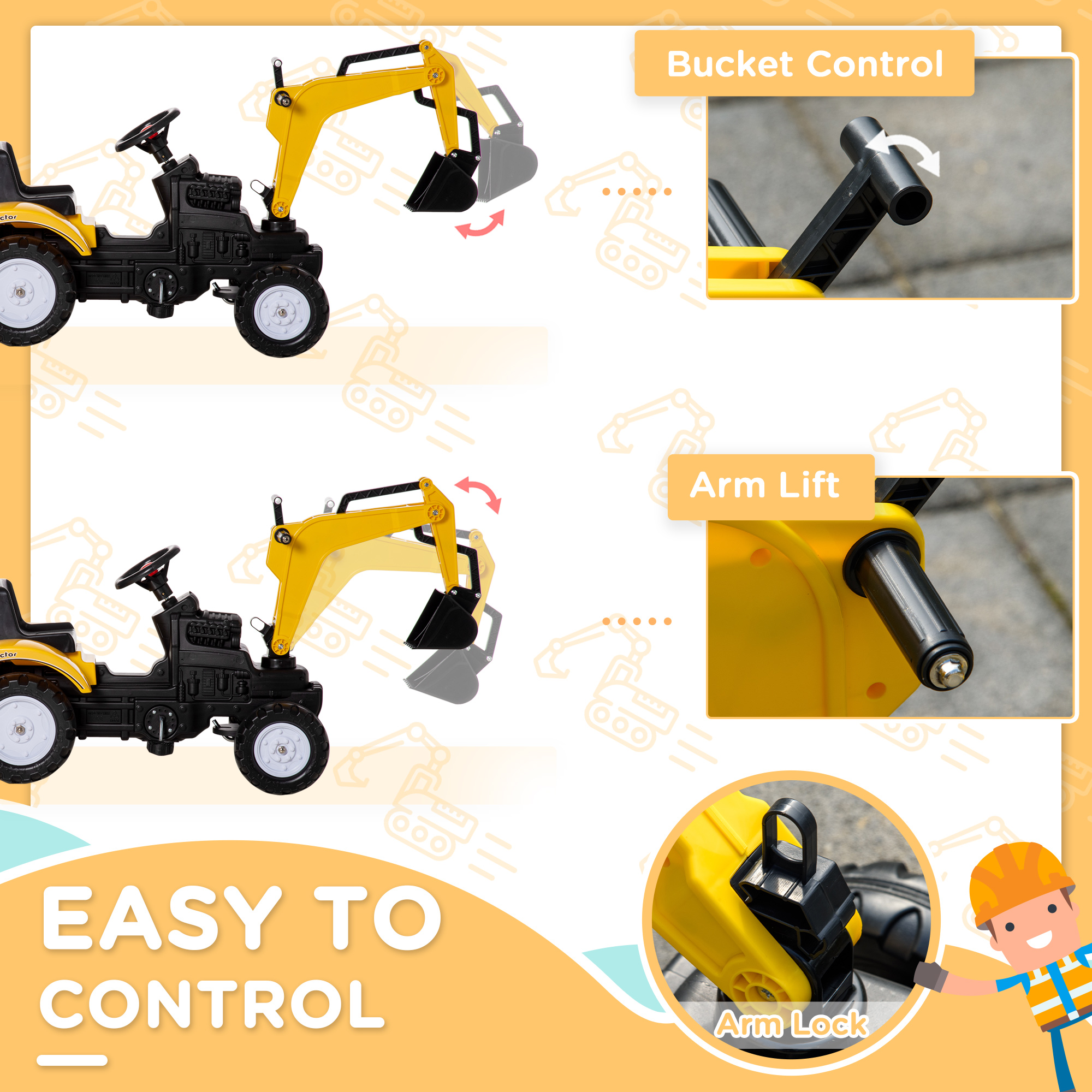 Digger Ride-on Truck Kids Car with Horn, Excavator Ride-on Toy, Imaginative Toy Construction Car, 6 Wheels & Detachable Trailer, Yellow — foto 2