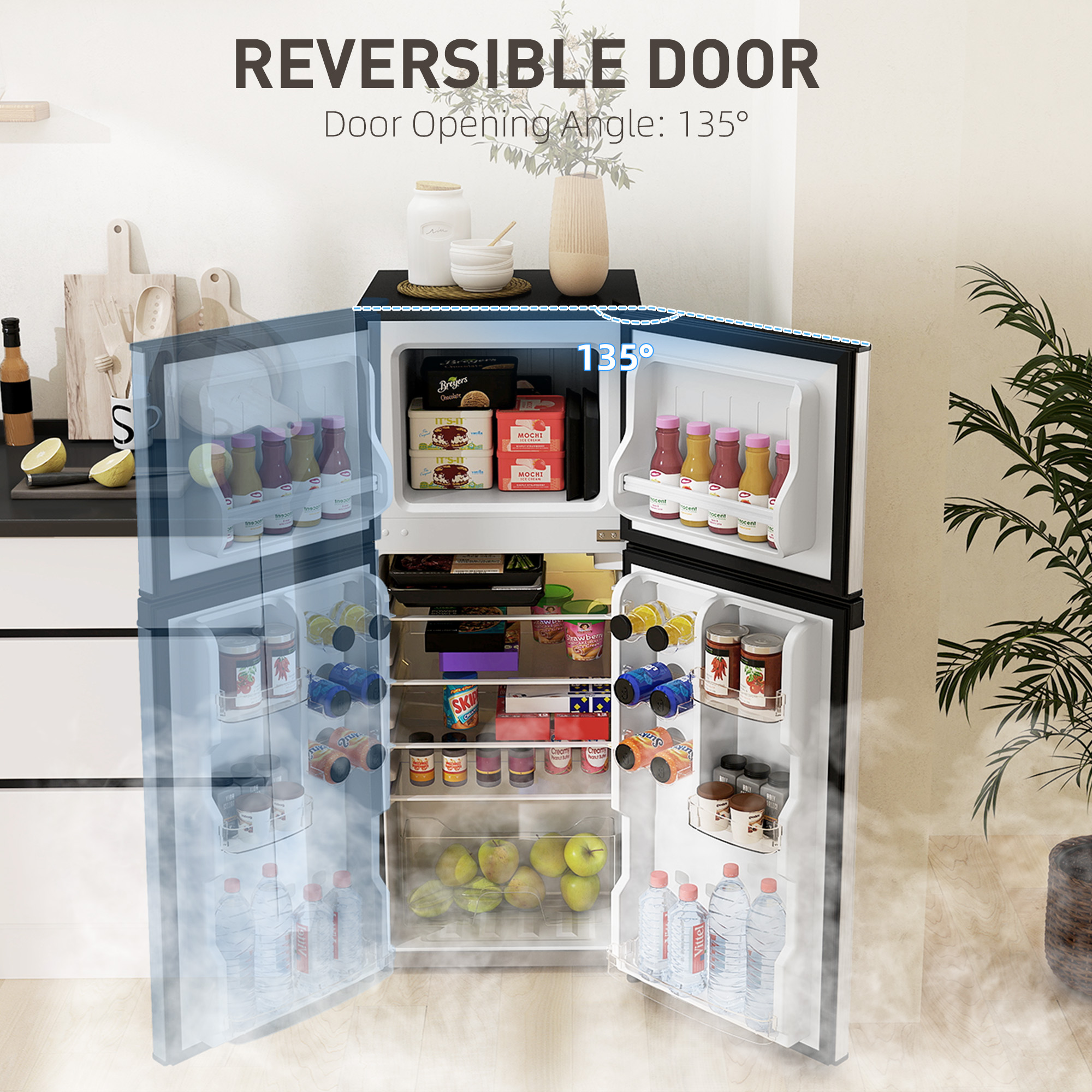  Small Fridge with Freezer, 4 Cu Ft Refrigerator with Reversible Doors, Silver