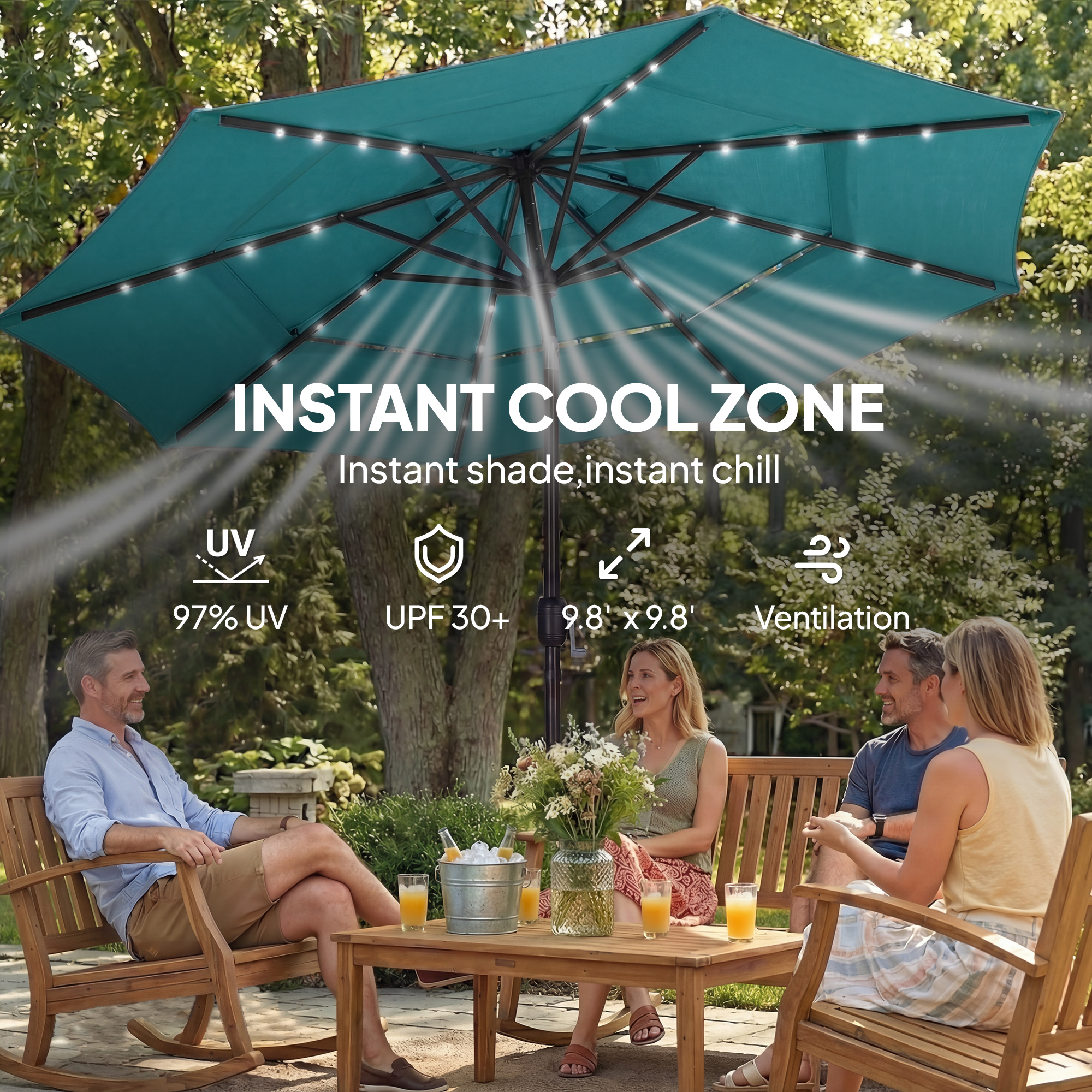  9.7 ft Outdoor Patio Umbrella with Solar LED Lights, 3 Tier Outdoor Table Umbrella with Tilt, Crank, Teal