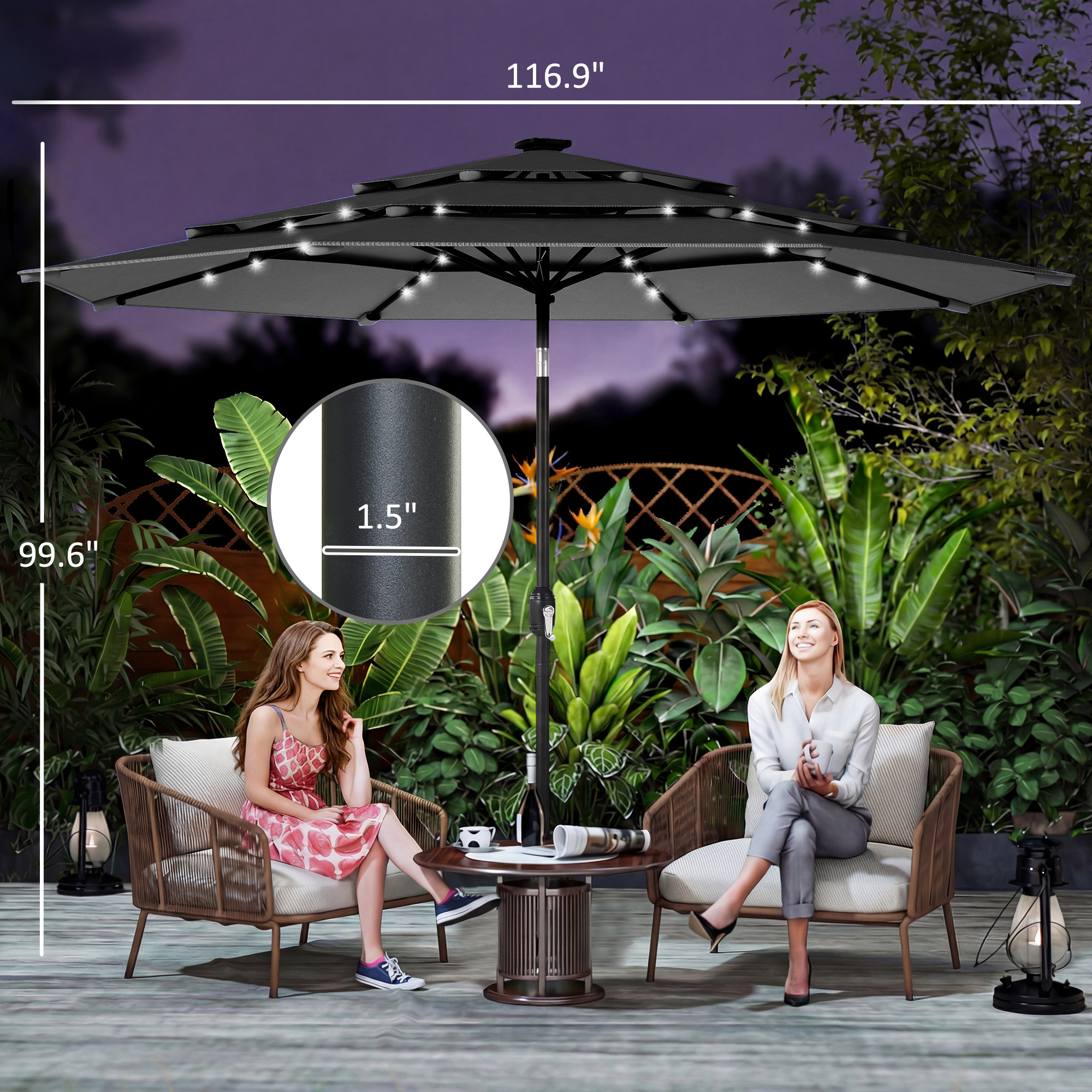  9.7 ft Outdoor Patio Umbrella with Solar LED Lights, 3 Tier Outdoor Table Umbrella with Tilt, Crank, Black