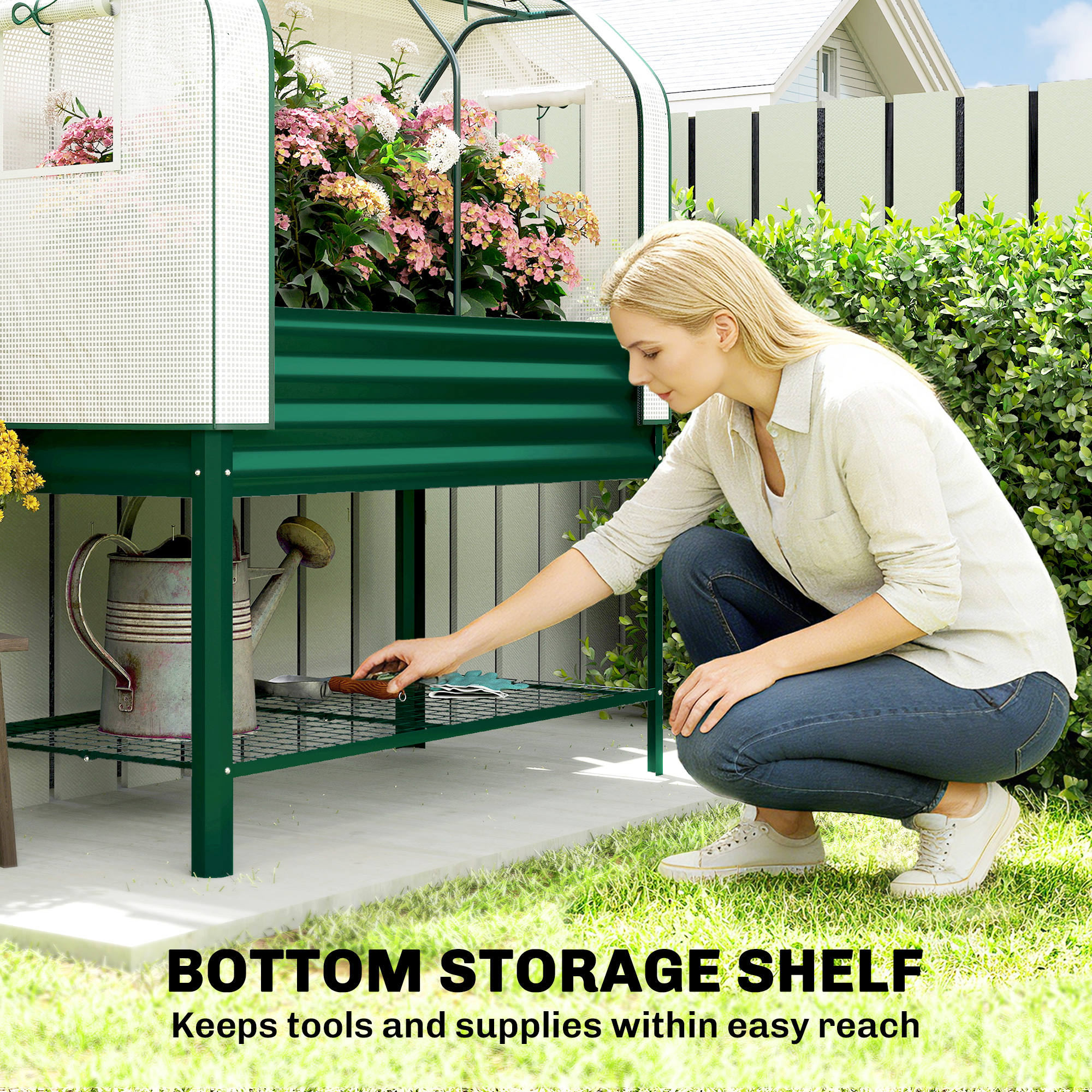  Galvanised Raised Garden Bed with Greenhouse Cover, Metal Elevated Garden Bed with Bed Liner, Bottom Shelf, Green