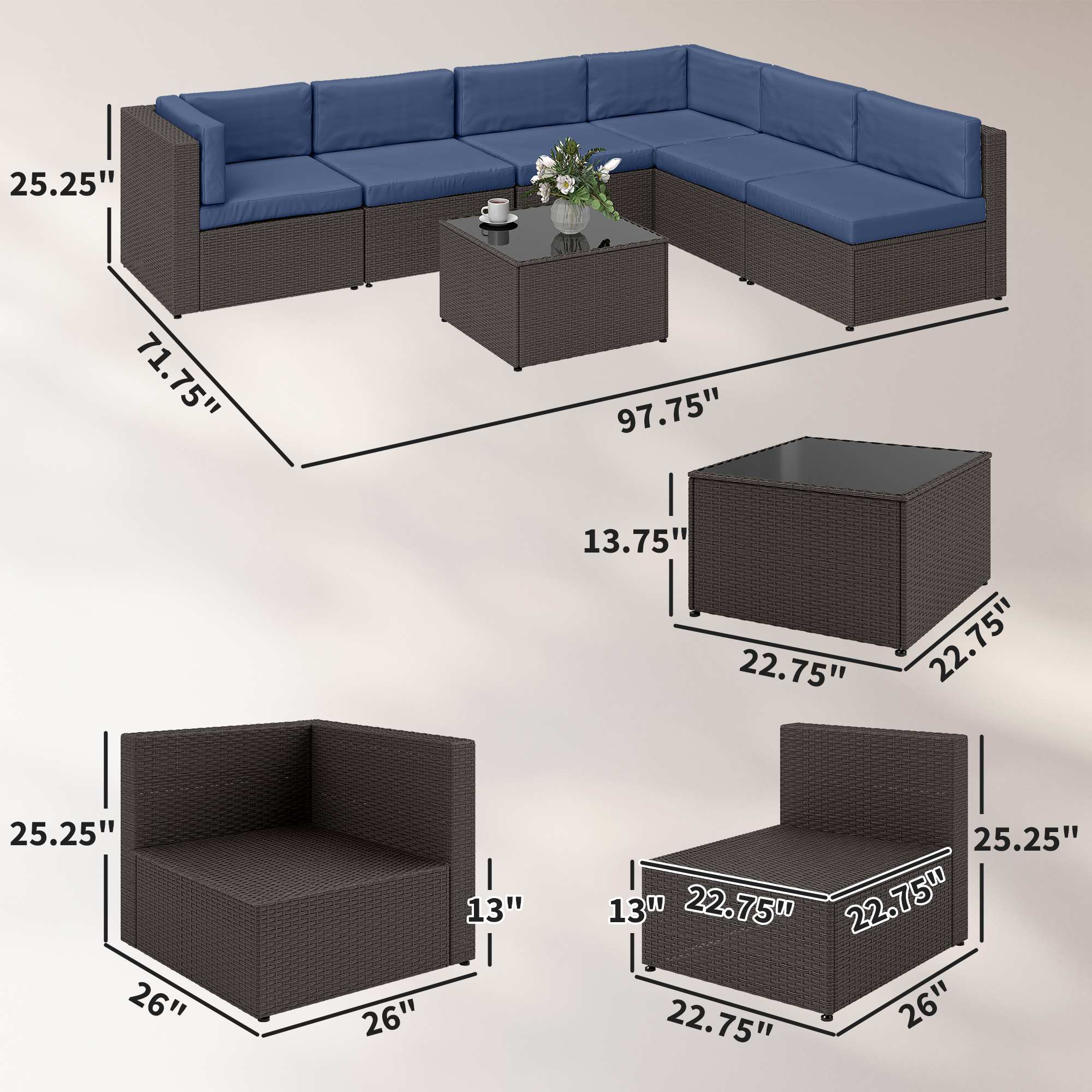  7 Piece Patio Furniture Set, All Weather PE Rattan Outdoor Furniture Conversation Sets with Glass Top Coffee Table
